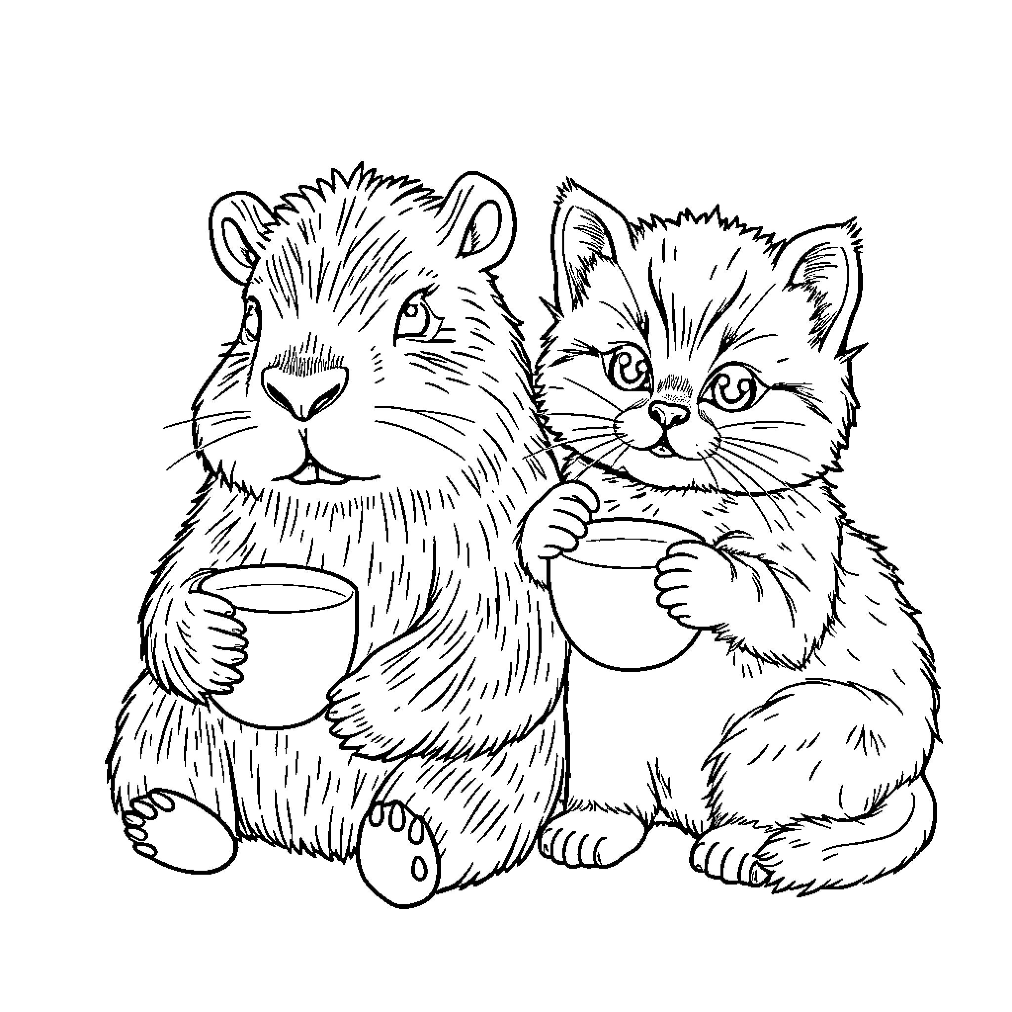 Capybara and Kitten Sharing a Cozy Moment Coloring Page (free black-and-white line drawing printable PDF for all, from beginners to advanced learners, including children, teens, adults, and seniors)