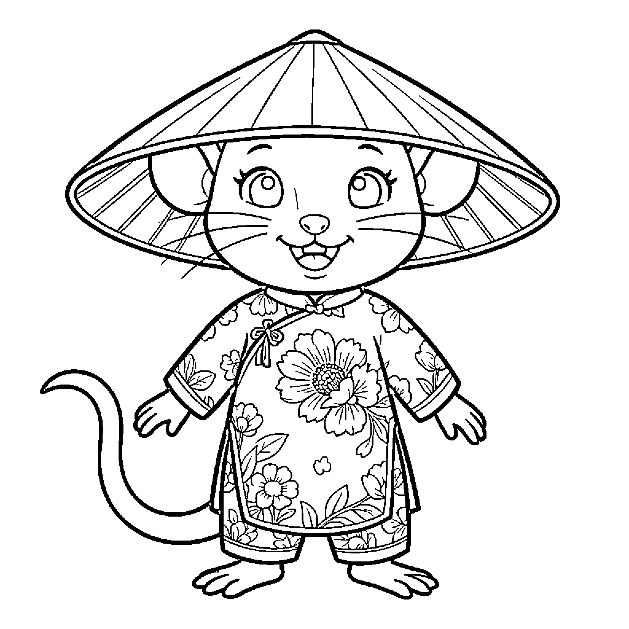 Rat wearing traditional Asian costume Coloring Page (free black-and-white line drawing printable PDF for all, from beginners to advanced learners, including children, teens, adults, and seniors)