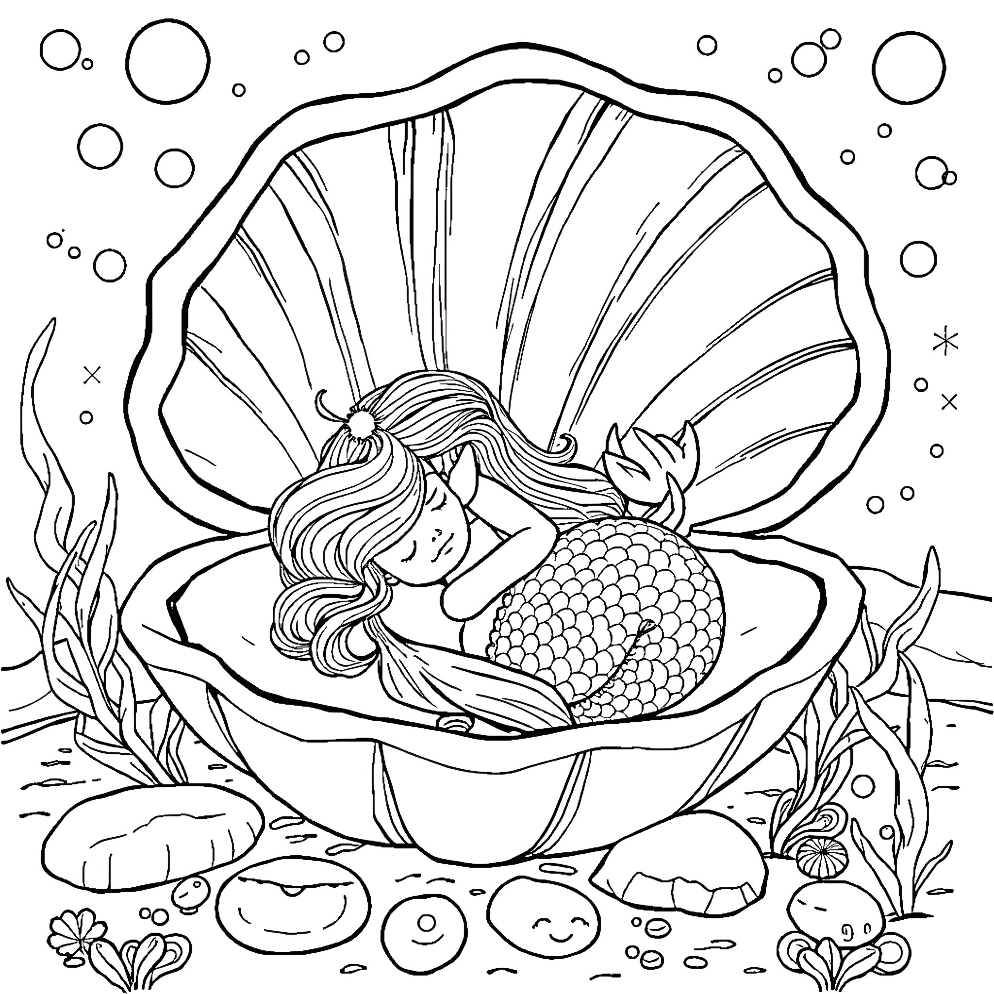 Mermaid resting in a seashell under the sea Coloring Page (free black-and-white line drawing printable PDF for all, from beginners to advanced learners, including children, teens, adults, and seniors)