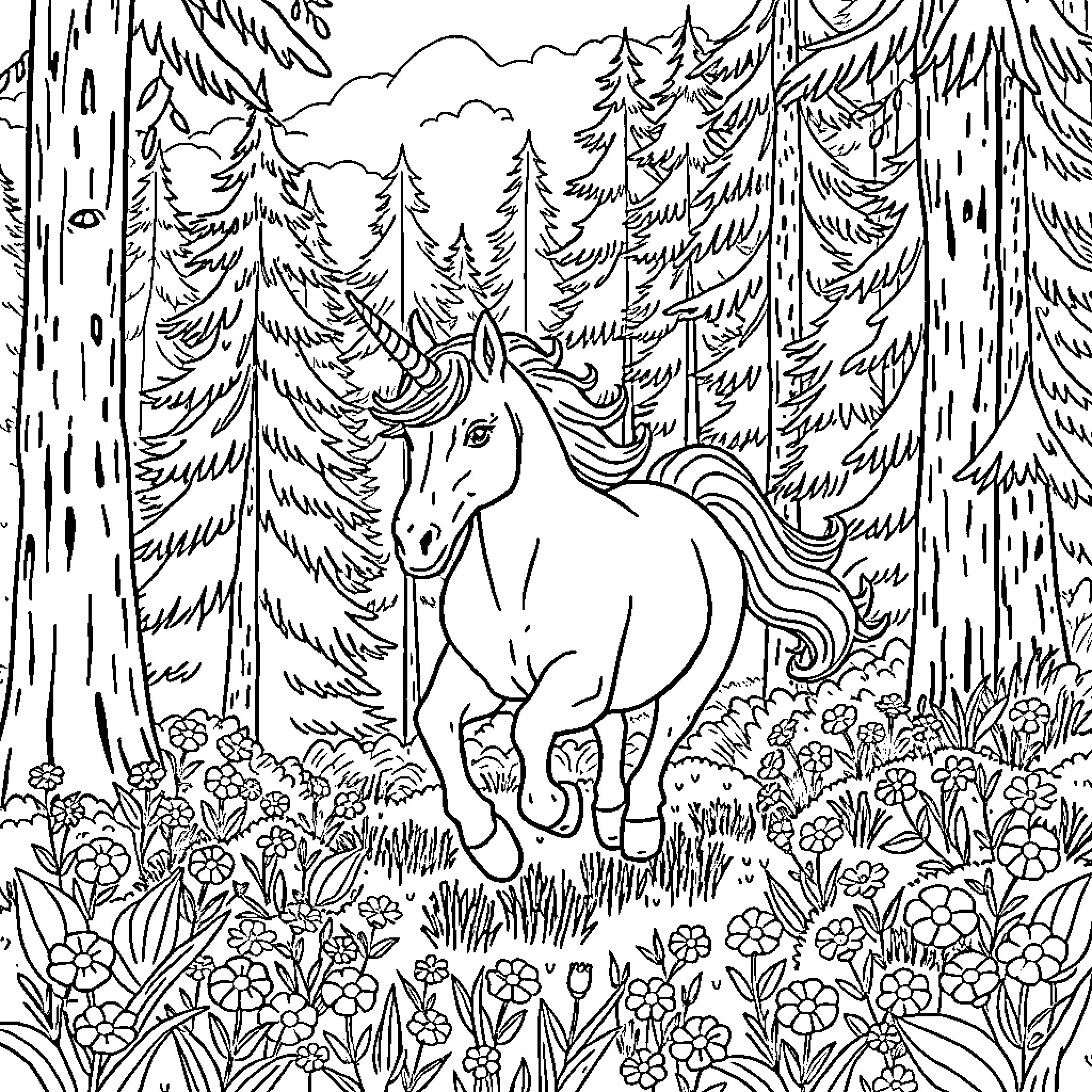 Unicorn roaming the enchanted forest Coloring Page (free black-and-white line drawing printable PDF for all, from beginners to advanced learners, including children, teens, adults, and seniors)