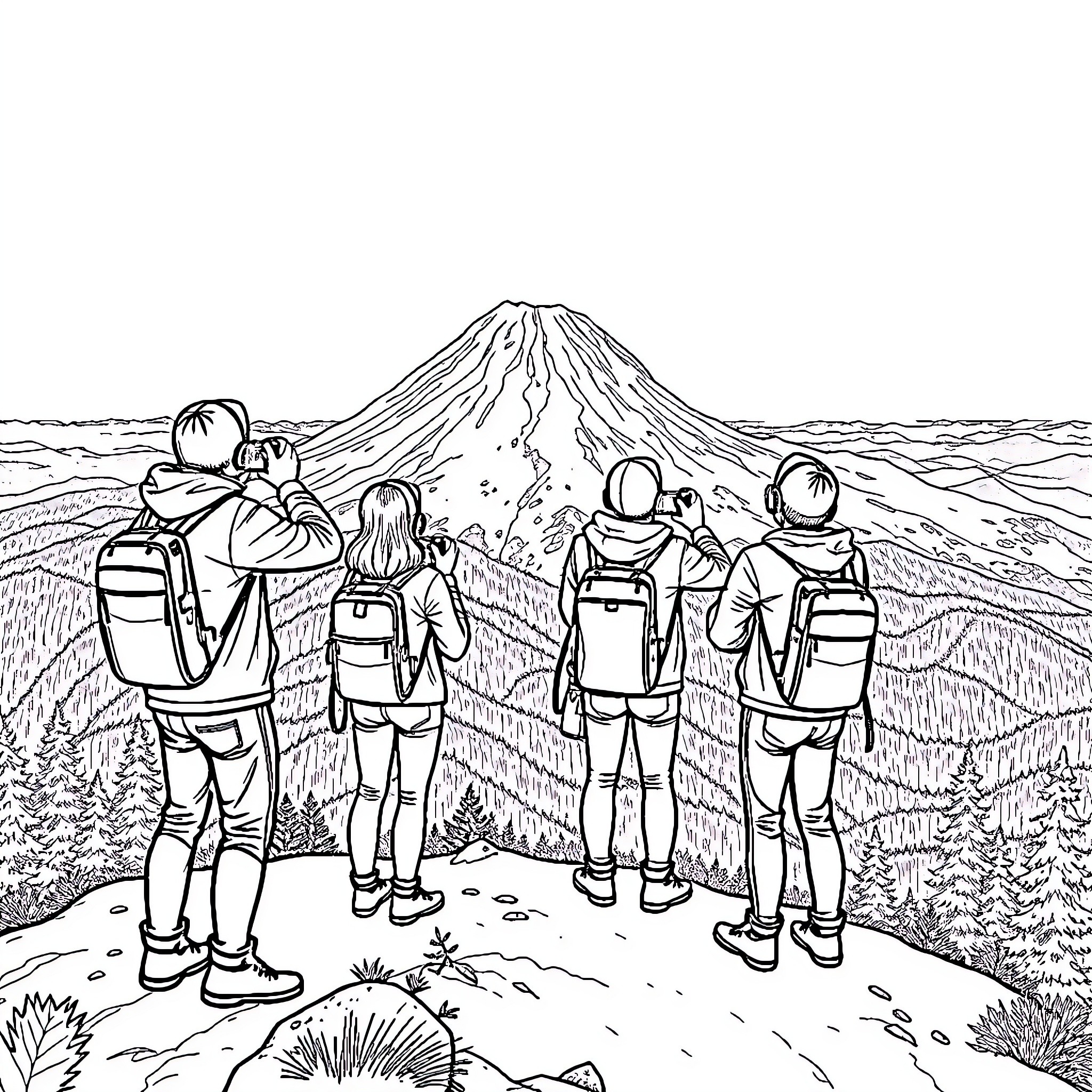 Students Exploring the Majestic Mountain Landscape Coloring Page (free black-and-white line drawing printable PDF for all, from beginners to advanced learners, including children, teens, adults, and seniors)
