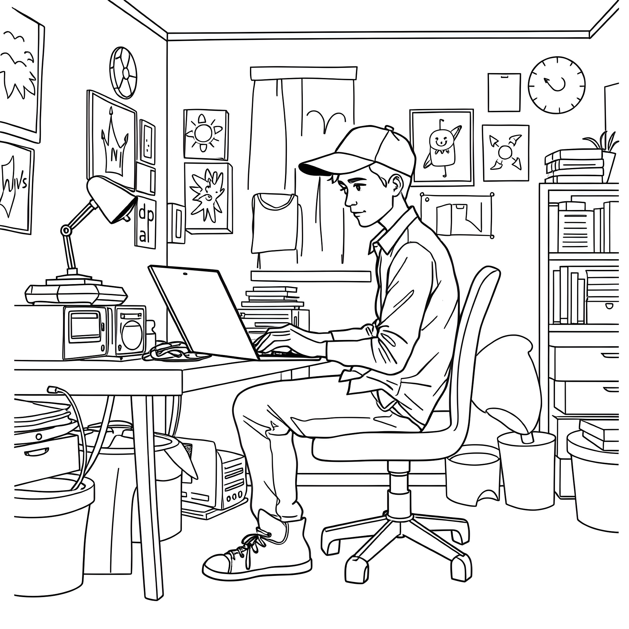 Teen Guy Working Intently on Computer in Cozy Studio Coloring Page (free black-and-white line drawing printable PDF for all, from beginners to advanced learners, including children, teens, adults, and seniors)
