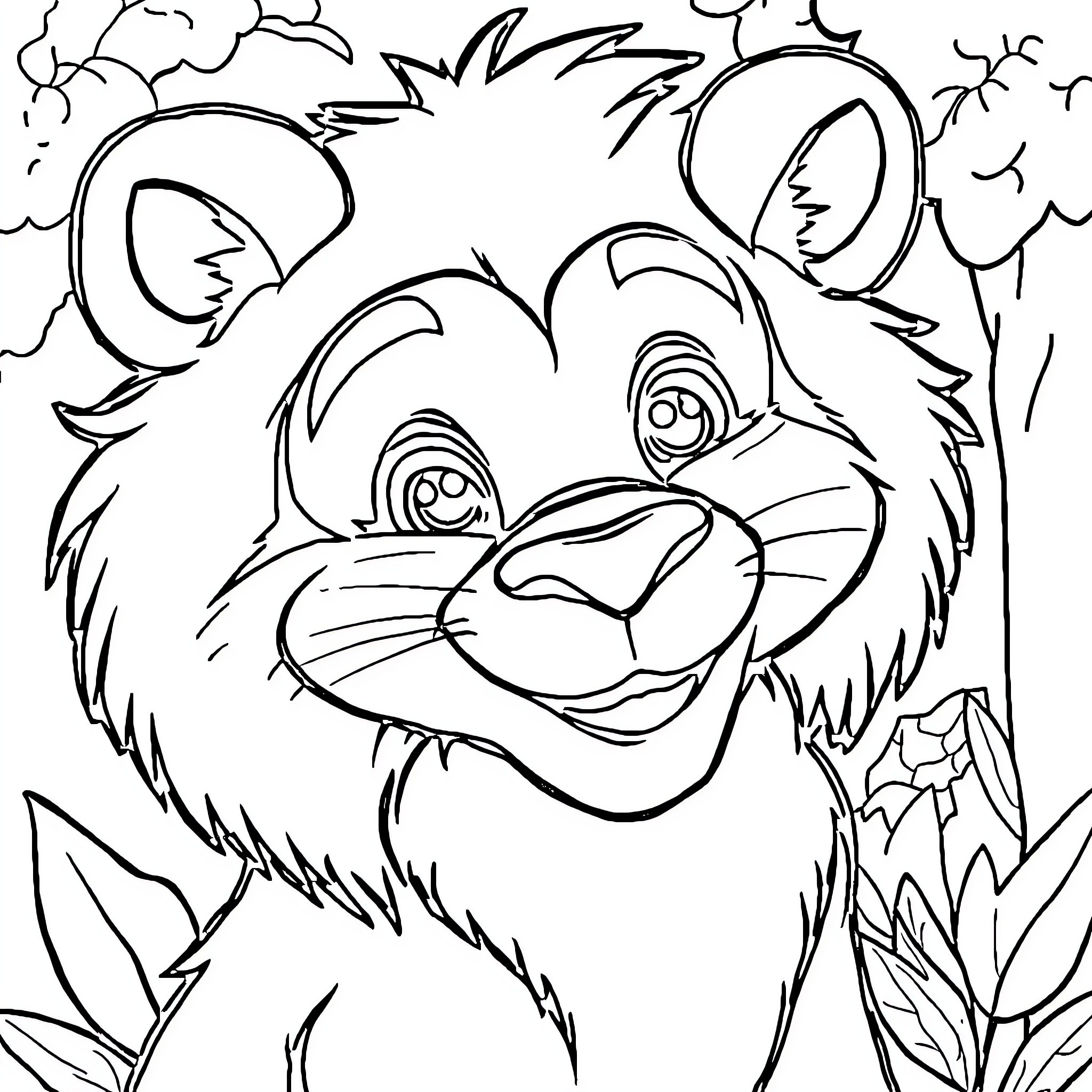 Boy exploring cheerful woodland creature Coloring Page (free black-and-white line drawing printable PDF for all, from beginners to advanced learners, including children, teens, adults, and seniors)
