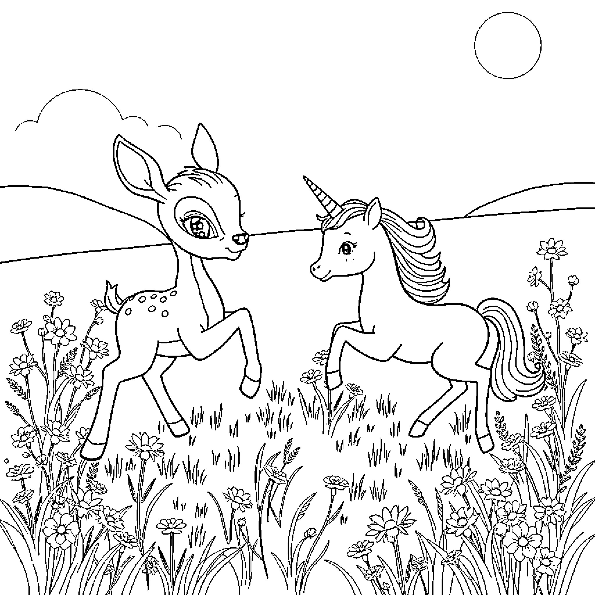 Deer and unicorn in a magical meadow Coloring Page (free black-and-white line drawing printable PDF for all, from beginners to advanced learners, including children, teens, adults, and seniors)