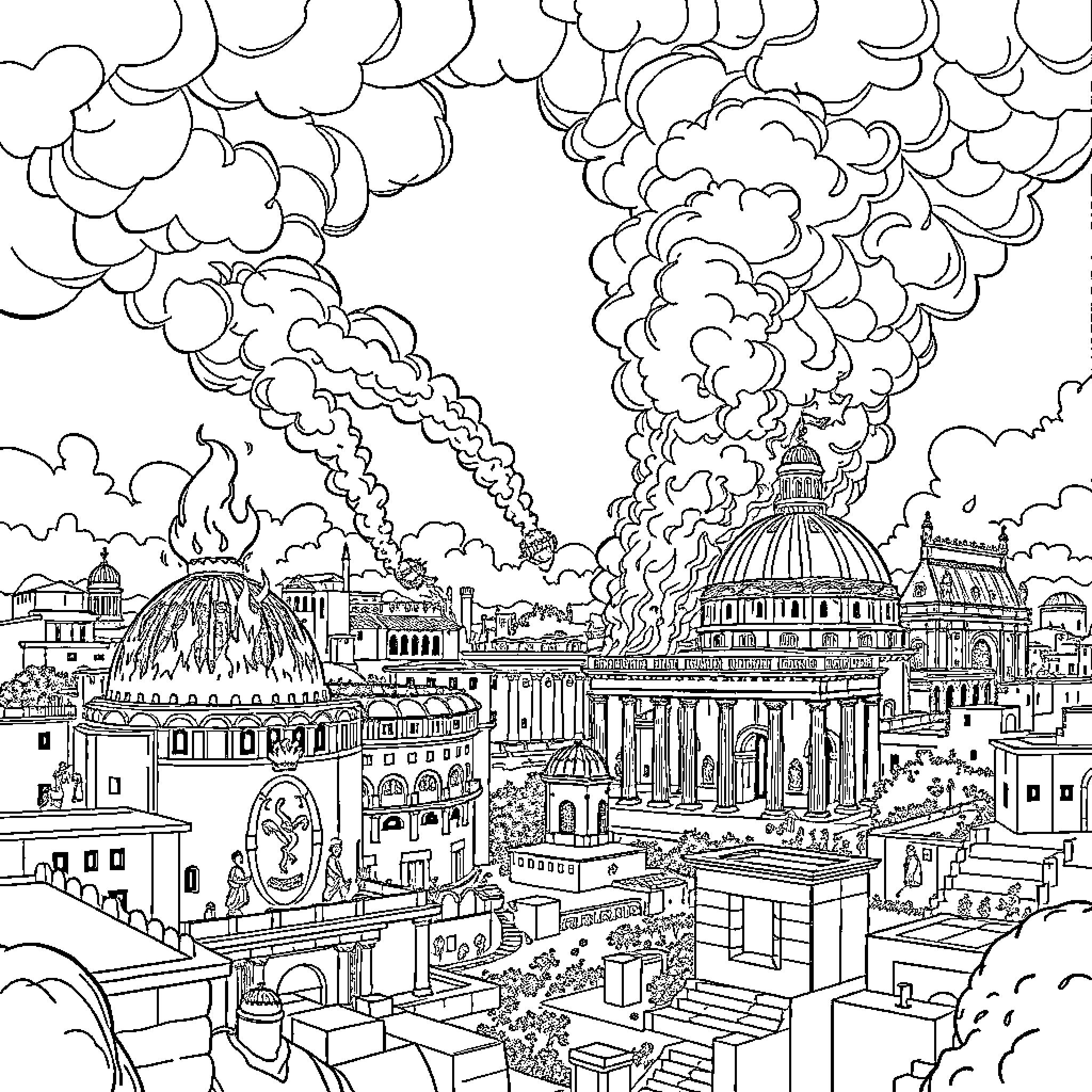 Rome engulfed in dramatic smoke and flames Coloring Page (free black-and-white line drawing printable PDF for all, from beginners to advanced learners, including children, teens, adults, and seniors)