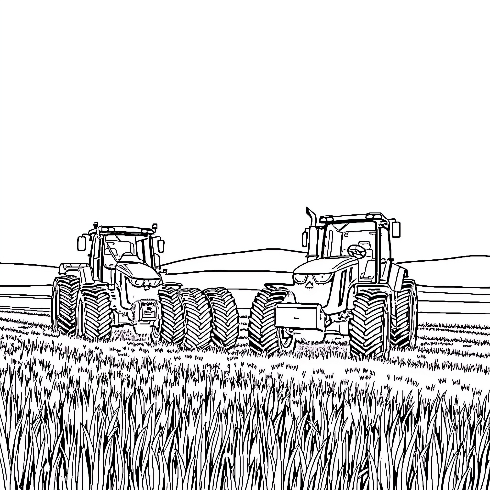 Tractors plowing field in agricultural landscape Coloring Page (free black-and-white line drawing printable PDF for all, from beginners to advanced learners, including children, teens, adults, and seniors)