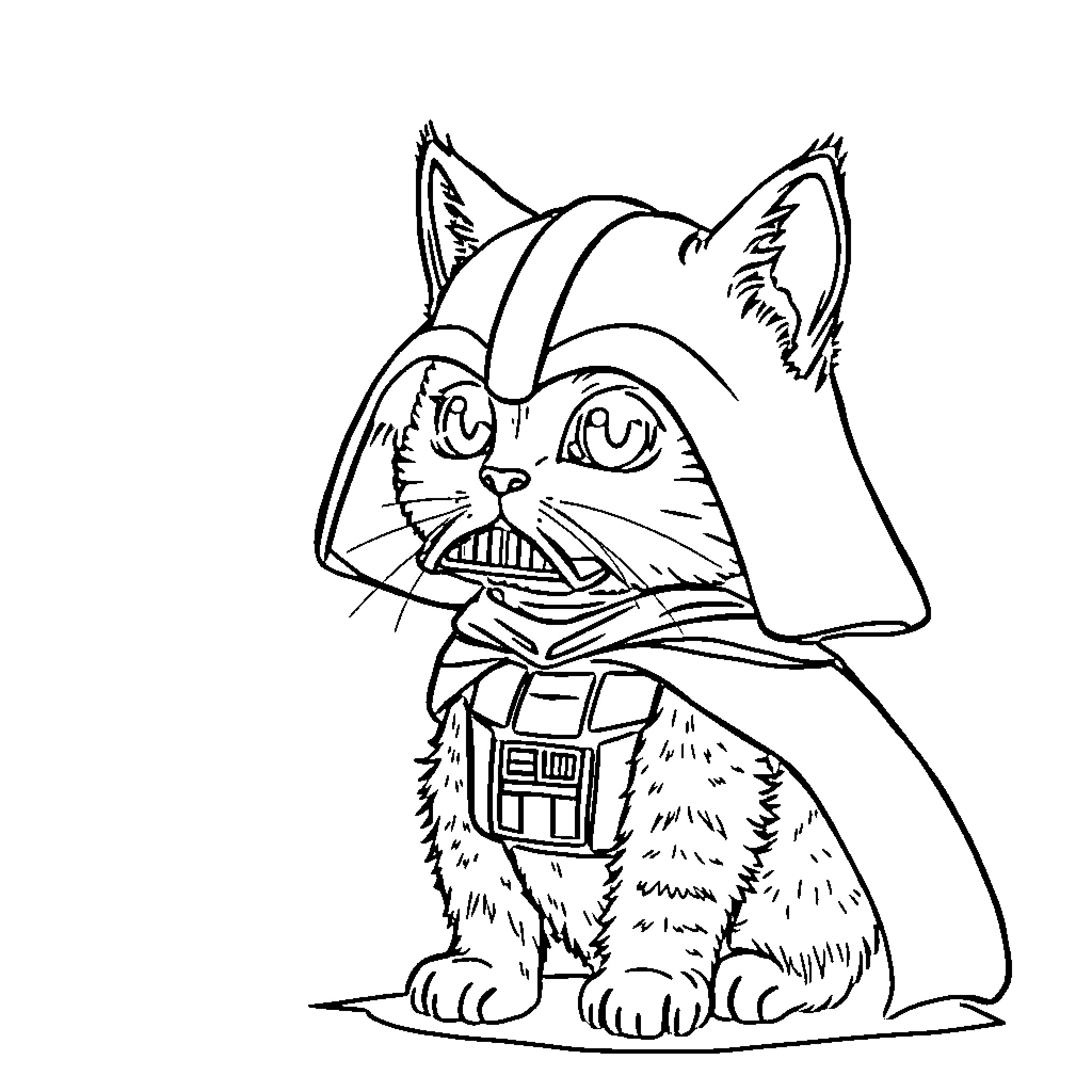 Cat in Sci-Fi Costume Coloring Page (free black-and-white line drawing printable PDF for all, from beginners to advanced learners, including children, teens, adults, and seniors)