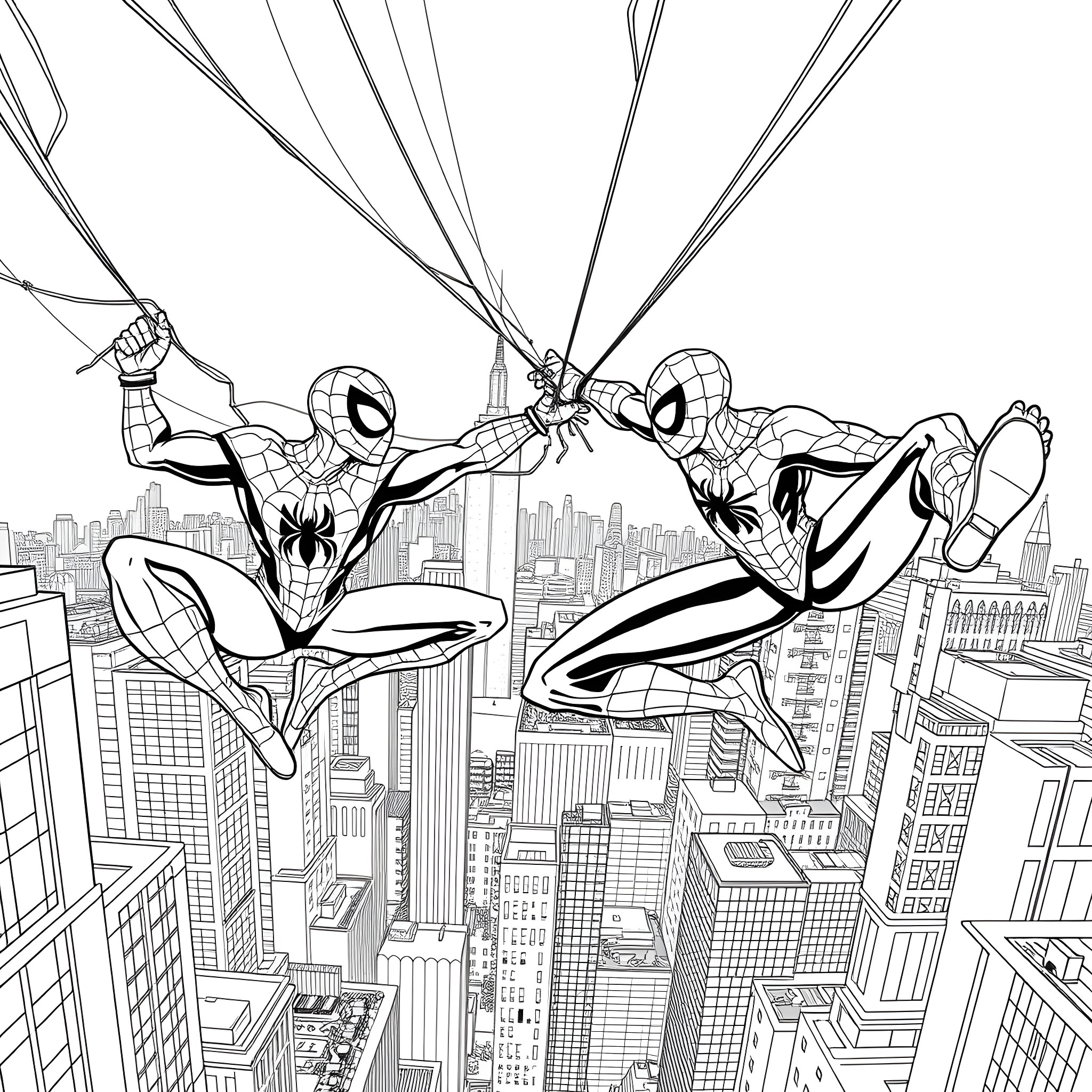 Spidermen swinging across the city skyline Coloring Page (free black-and-white line drawing printable PDF for all, from beginners to advanced learners, including children, teens, adults, and seniors)