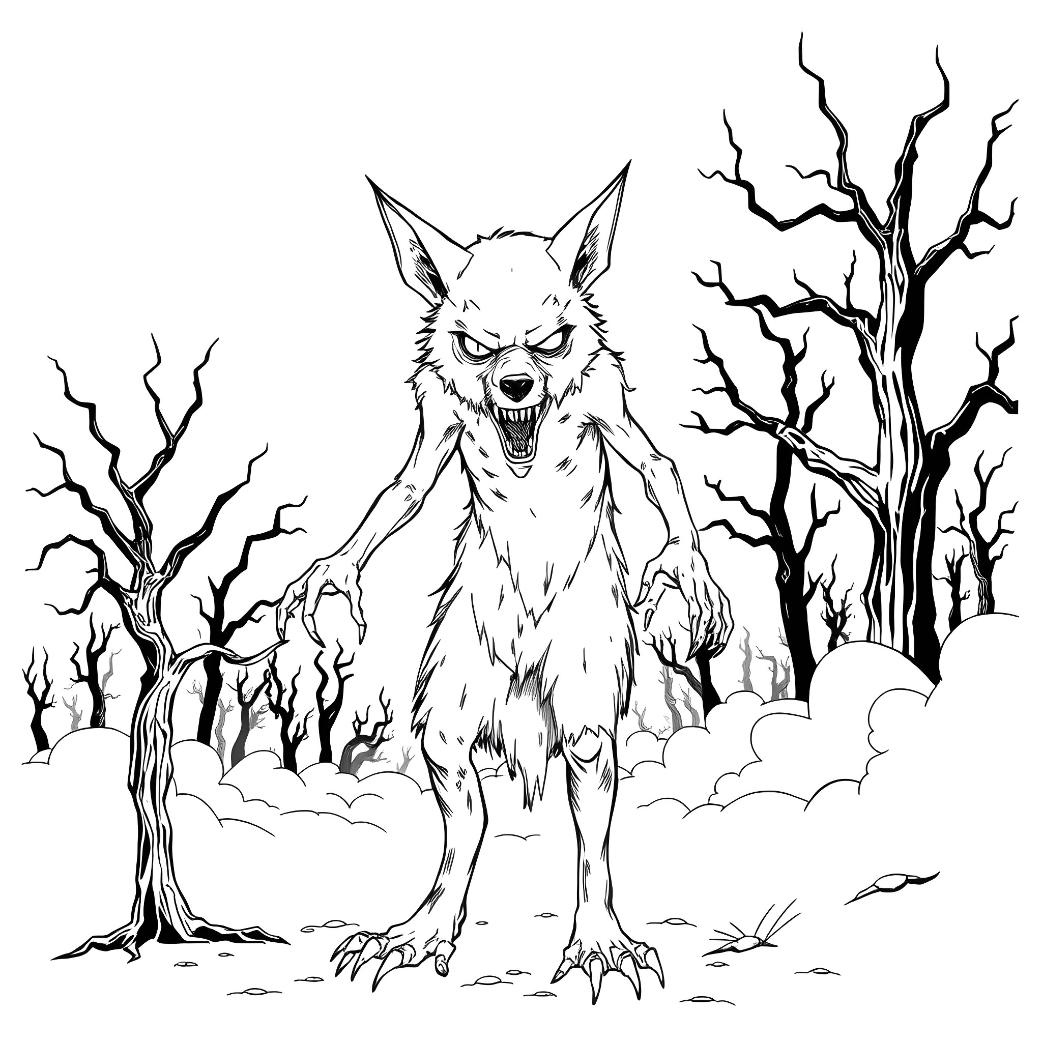 Horror Character Haunting Desolate Woodland Coloring Page (free black-and-white line drawing printable PDF for all, from beginners to advanced learners, including children, teens, adults, and seniors)