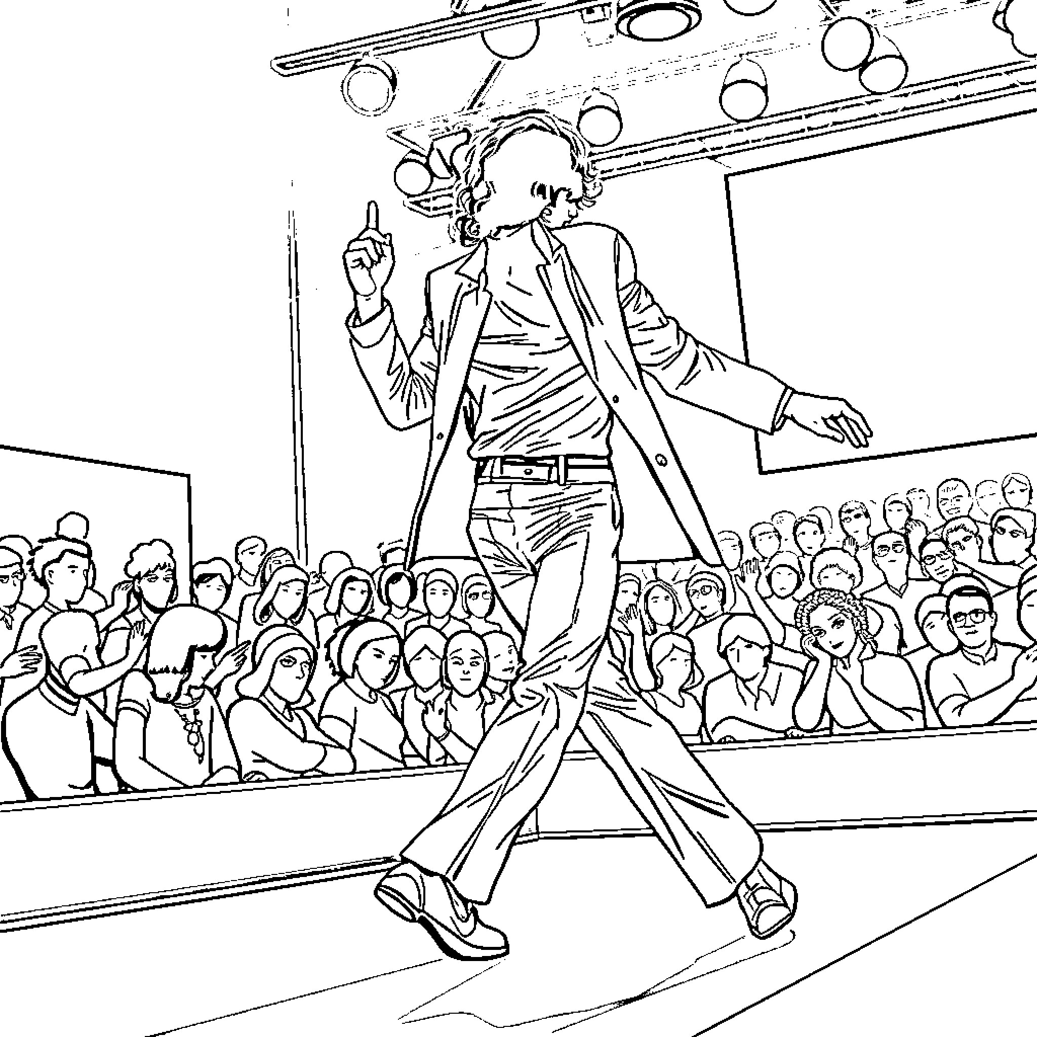 Michael Jackson's Electrifying Stage Performance Coloring Page (free black-and-white line drawing printable PDF for all, from beginners to advanced learners, including children, teens, adults, and seniors)