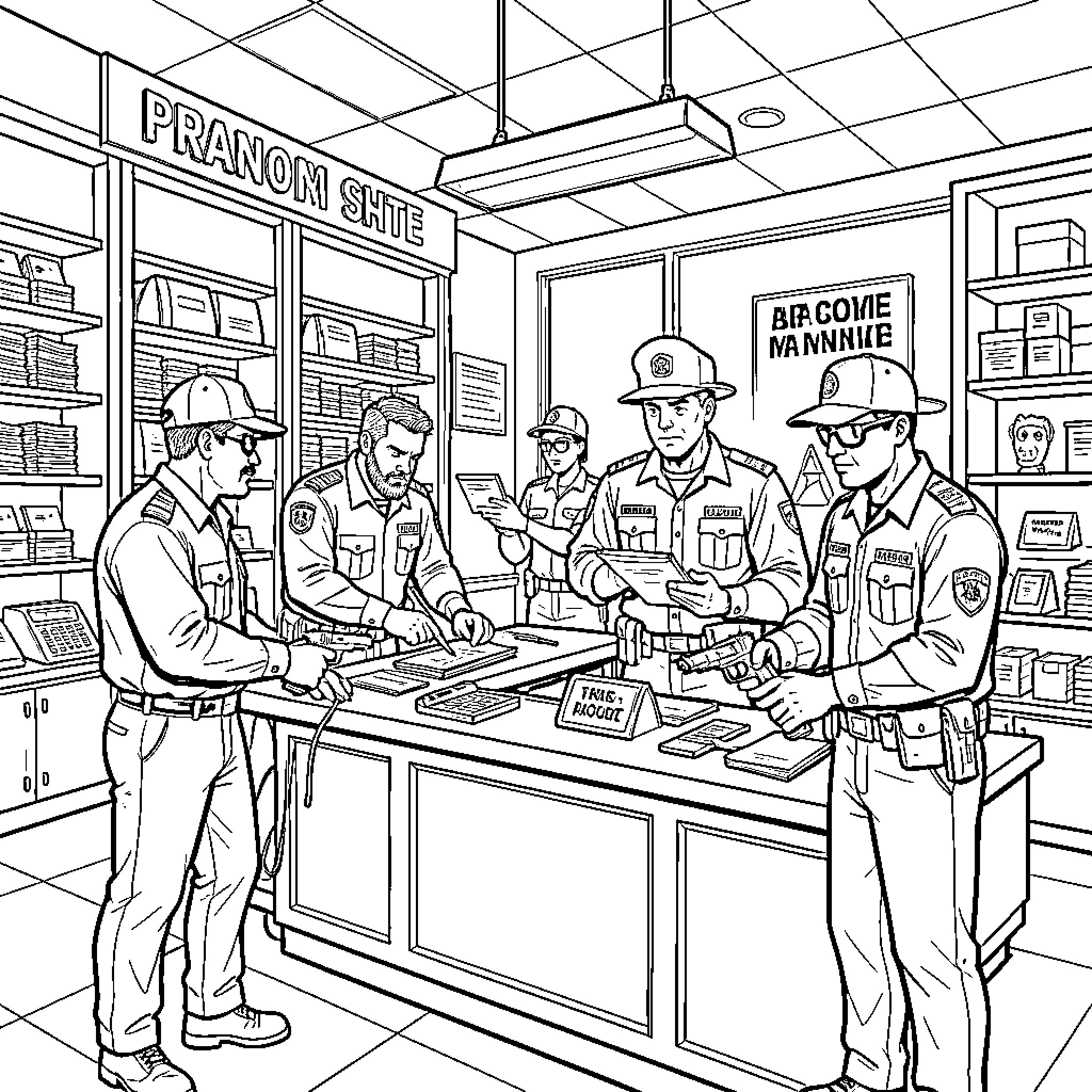 GTA Character officers standing behind a store counter Coloring Page (free black-and-white line drawing printable PDF for all, from beginners to advanced learners, including children, teens, adults, and seniors)
