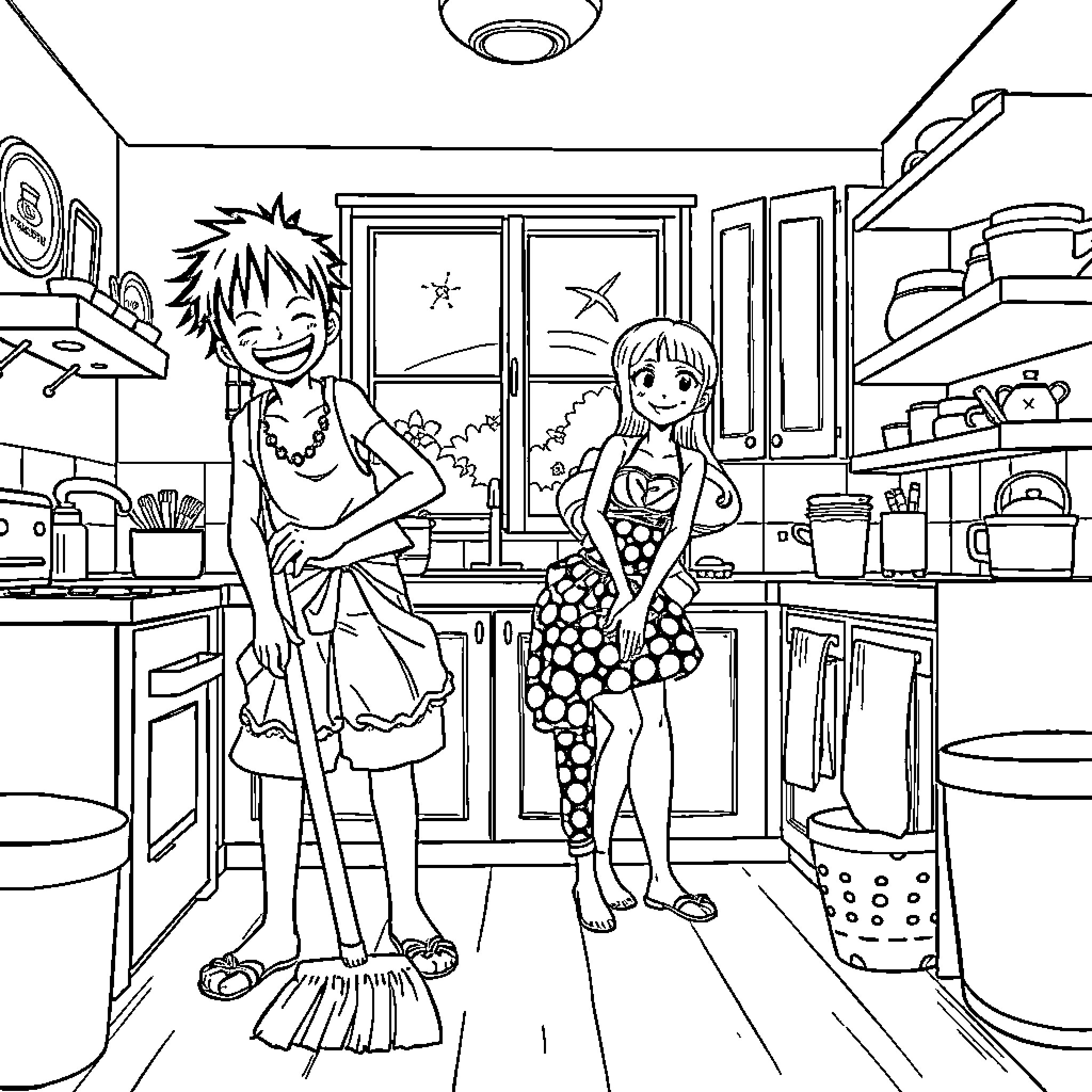 One Piece: Whimsical Kitchen Adventure Coloring Page (free black-and-white line drawing printable PDF for all, from beginners to advanced learners, including children, teens, adults, and seniors)