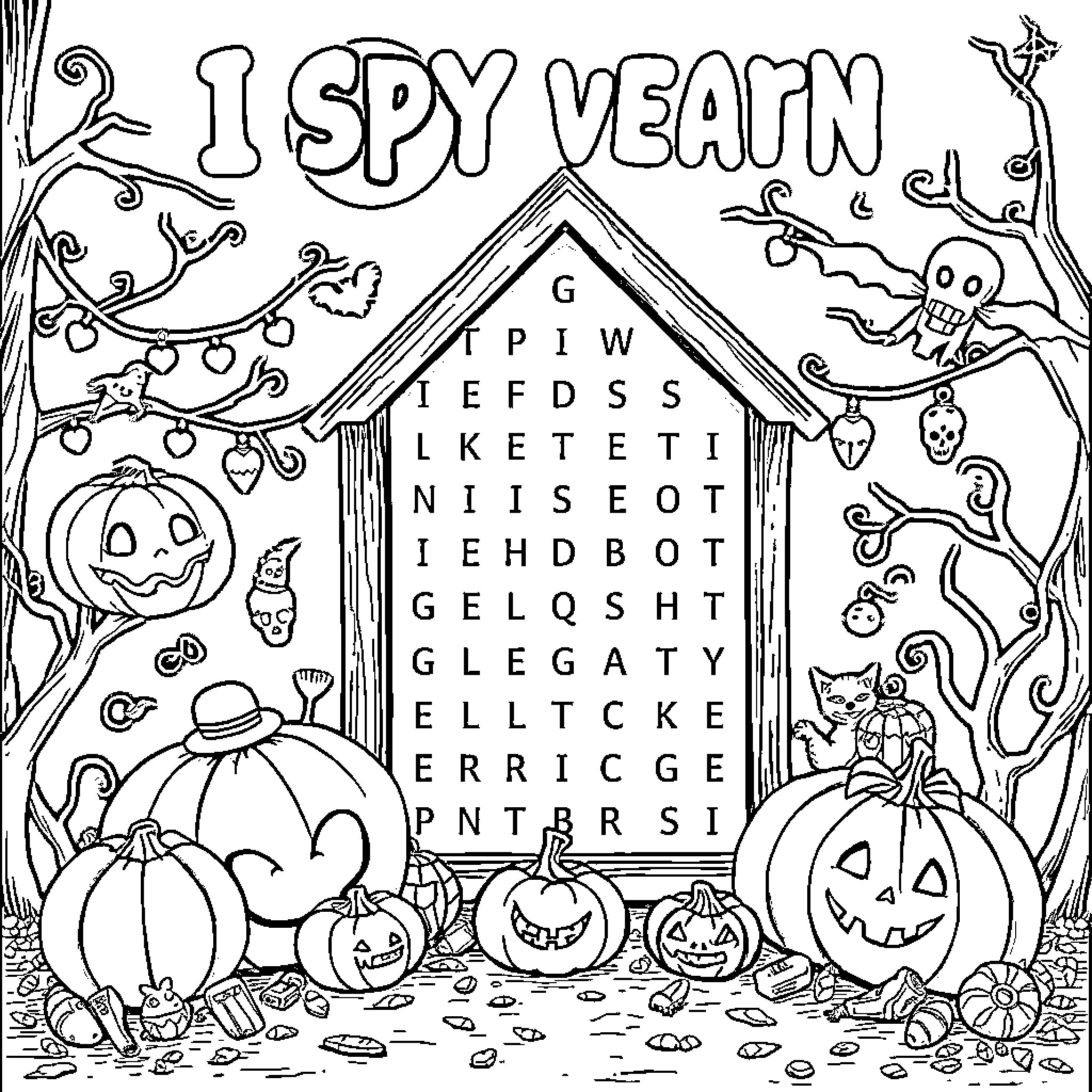 Halloween I Spy Vegan Scene with Pumpkins and Creatures Coloring Page (free black-and-white line drawing printable PDF for all, from beginners to advanced learners, including children, teens, adults, and seniors)