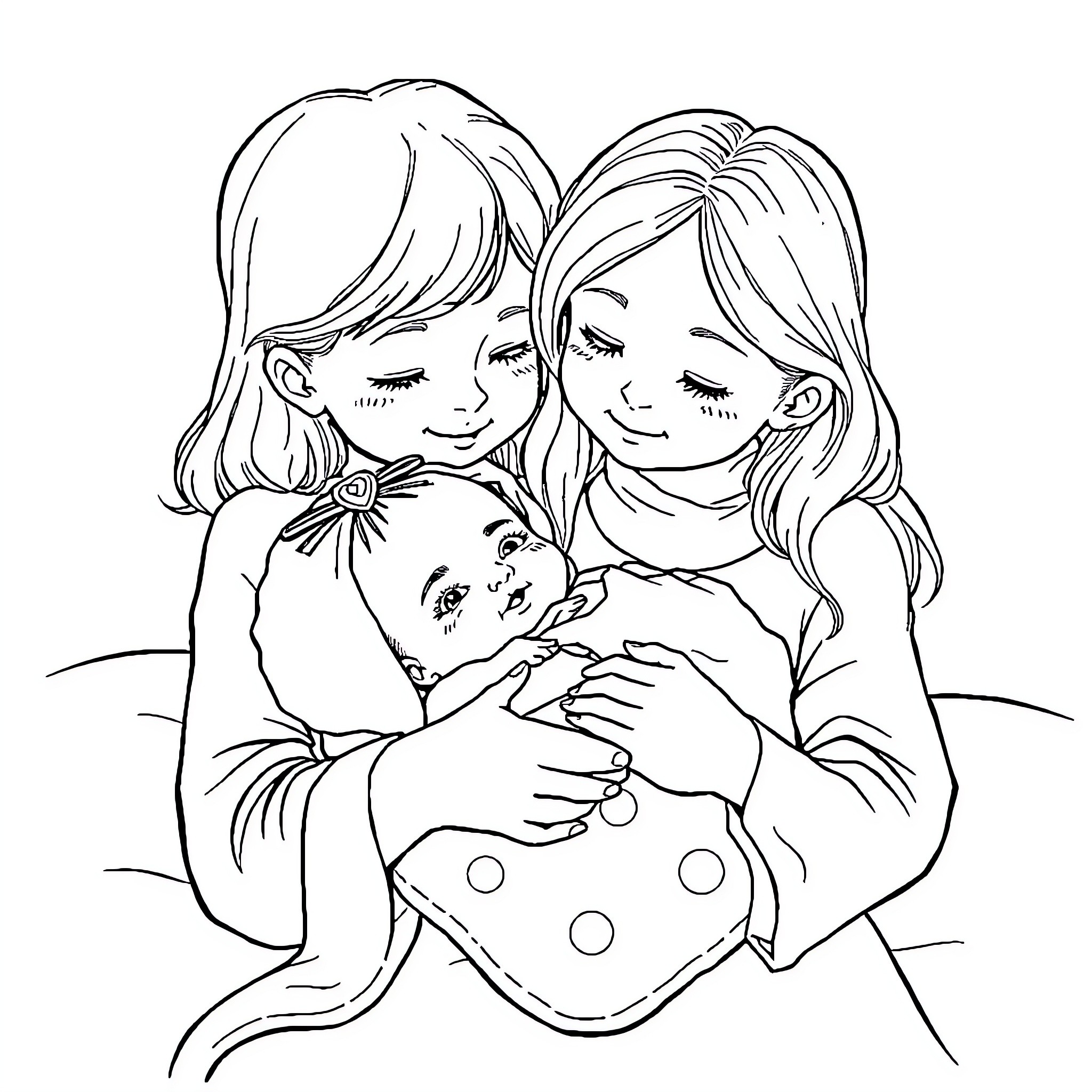 Siblings Embracing and Caring for Newborn Coloring Page (free black-and-white line drawing printable PDF for all, from beginners to advanced learners, including children, teens, adults, and seniors)