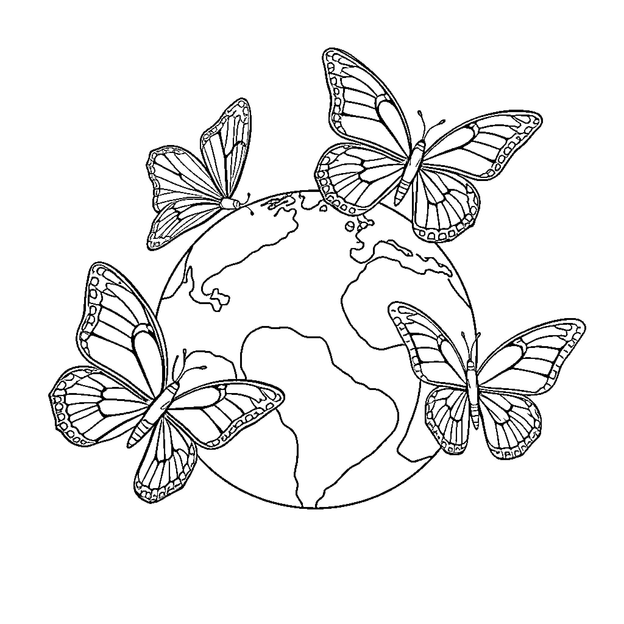 Butterflies around the World Coloring Page (free black-and-white line drawing printable PDF for all, from beginners to advanced learners, including children, teens, adults, and seniors)