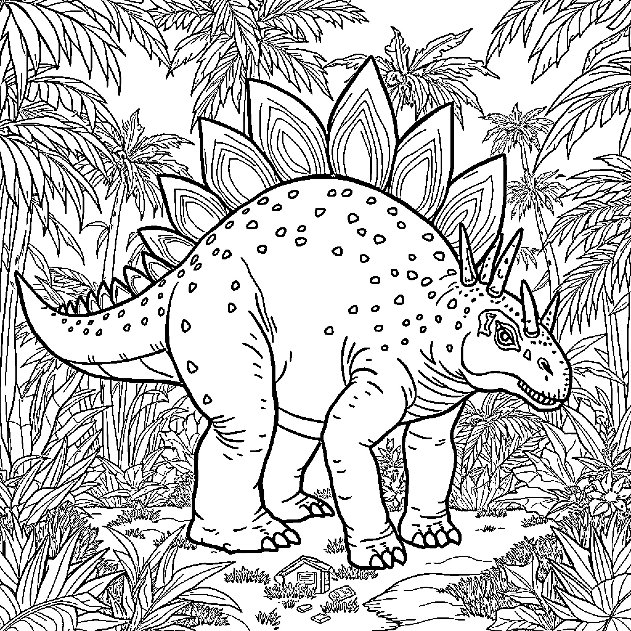 Stegasaurs exploring prehistoric jungle landscape Coloring Page (free black-and-white line drawing printable PDF for all, from beginners to advanced learners, including children, teens, adults, and seniors)