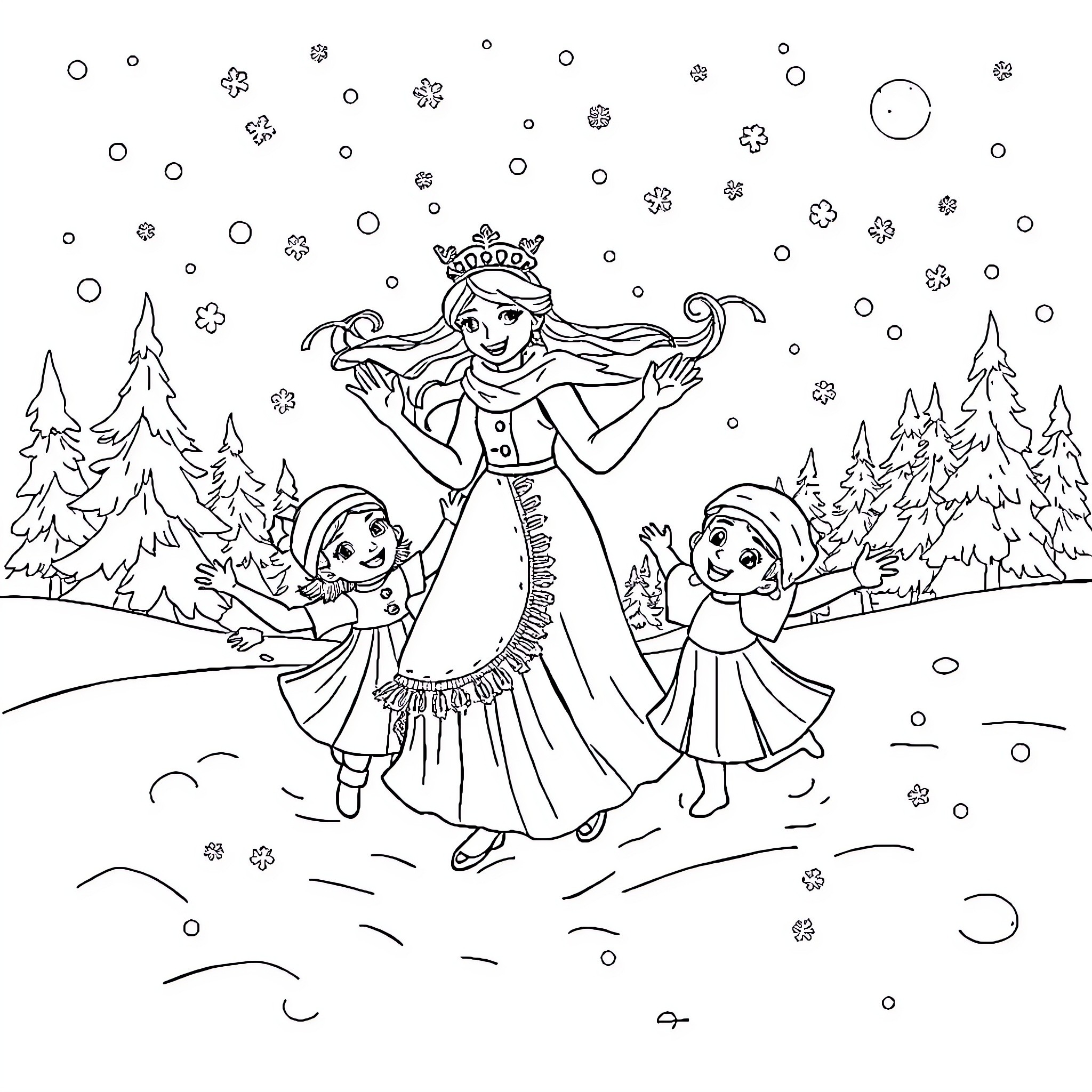 Queen celebrating the winter festival with children Coloring Page (free black-and-white line drawing printable PDF for all, from beginners to advanced learners, including children, teens, adults, and seniors)