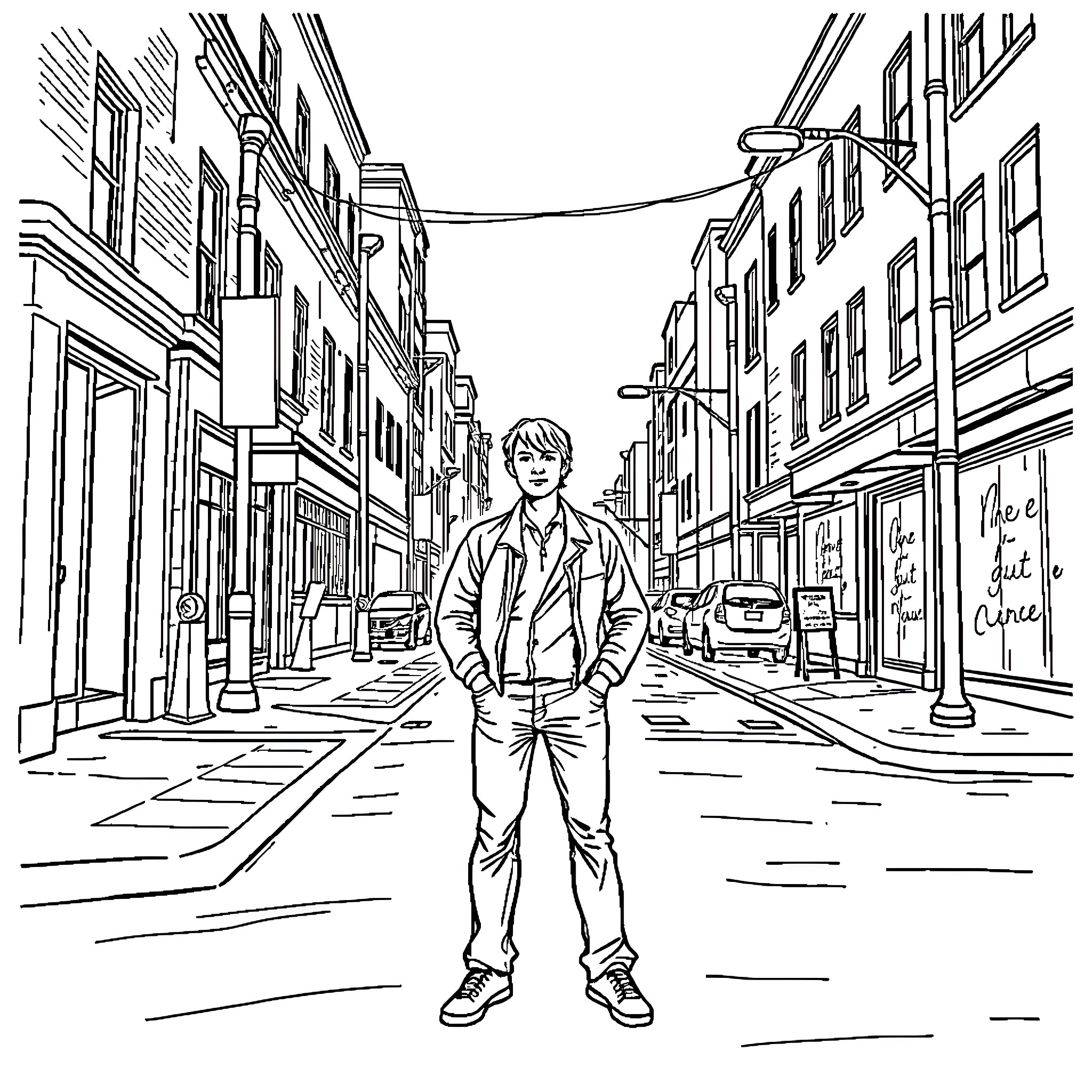 Man standing in a city street Coloring Page (free black-and-white line drawing printable PDF for all, from beginners to advanced learners, including children, teens, adults, and seniors)