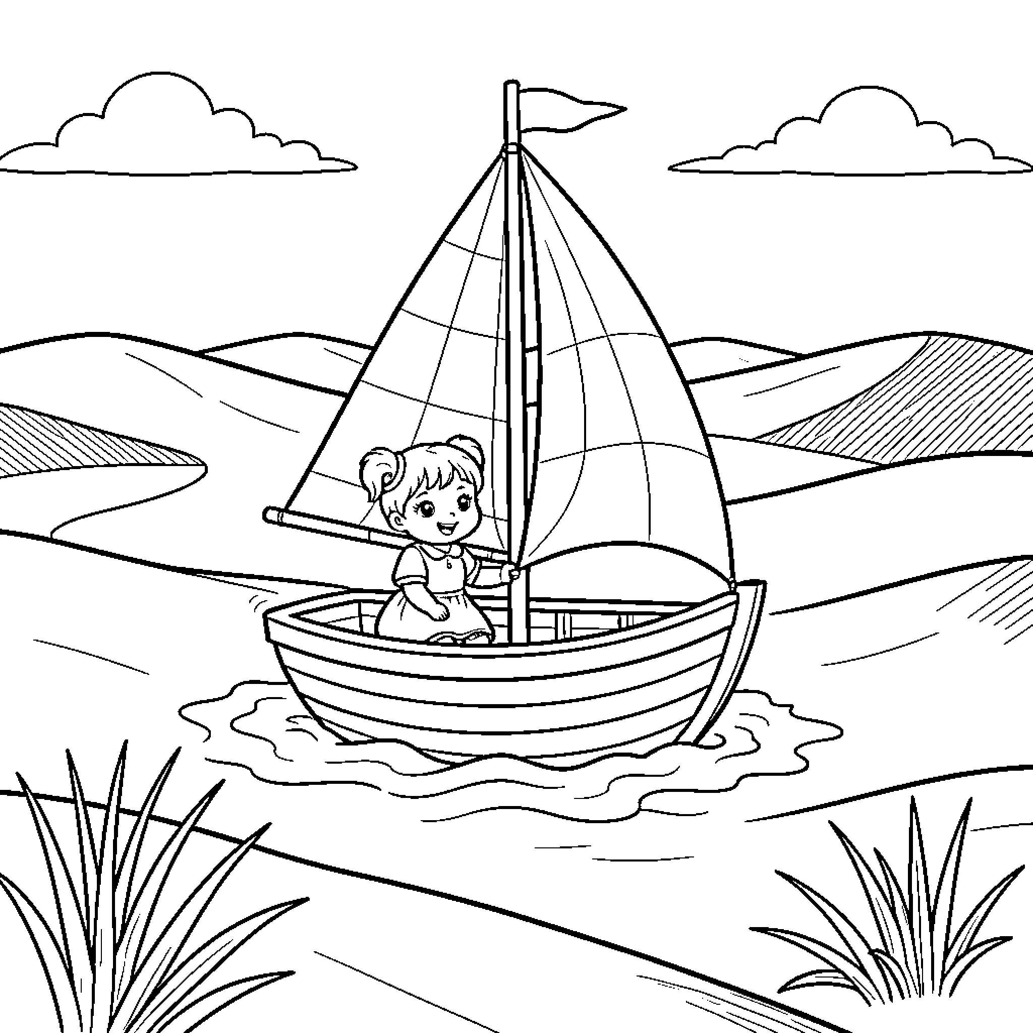 Mignon little girl sailing a small boat Coloring Page (free black-and-white line drawing printable PDF for all, from beginners to advanced learners, including children, teens, adults, and seniors)