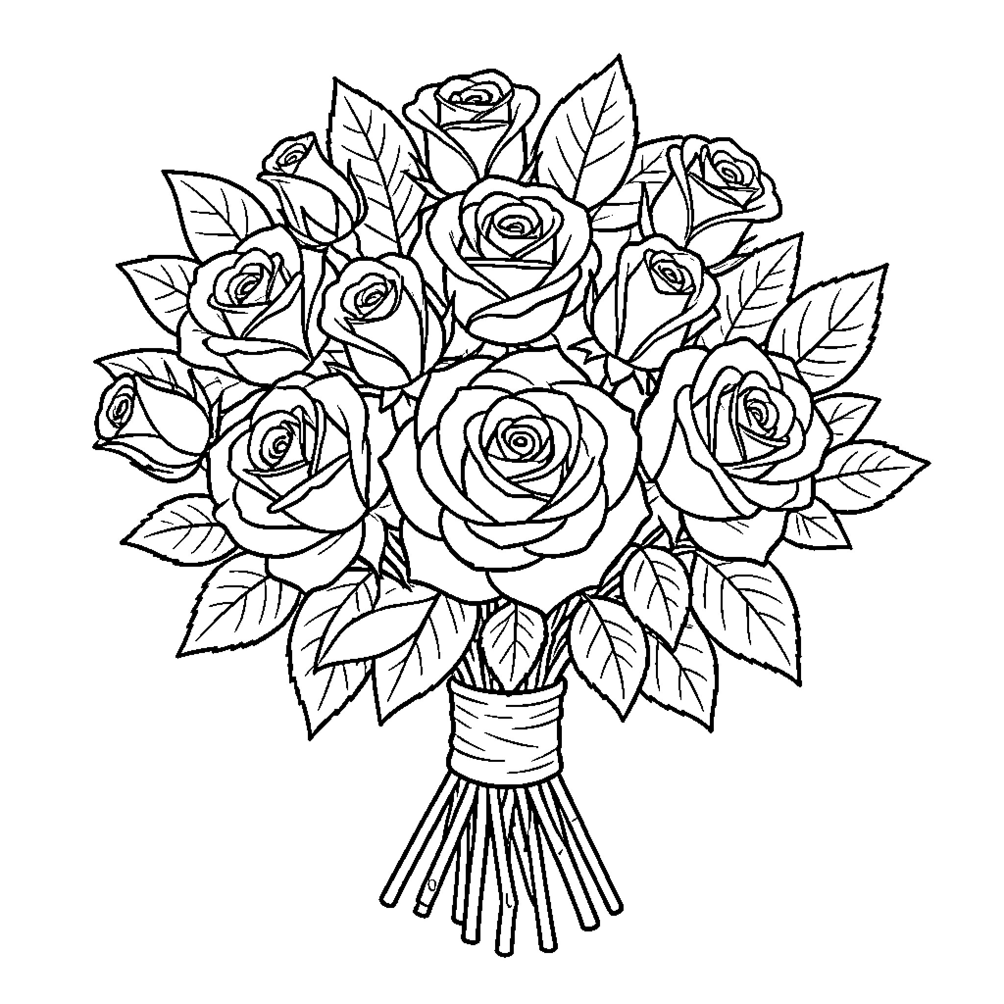 Rose bouquet arranged in a beautiful floral bunch Coloring Page (free black-and-white line drawing printable PDF for all, from beginners to advanced learners, including children, teens, adults, and seniors)