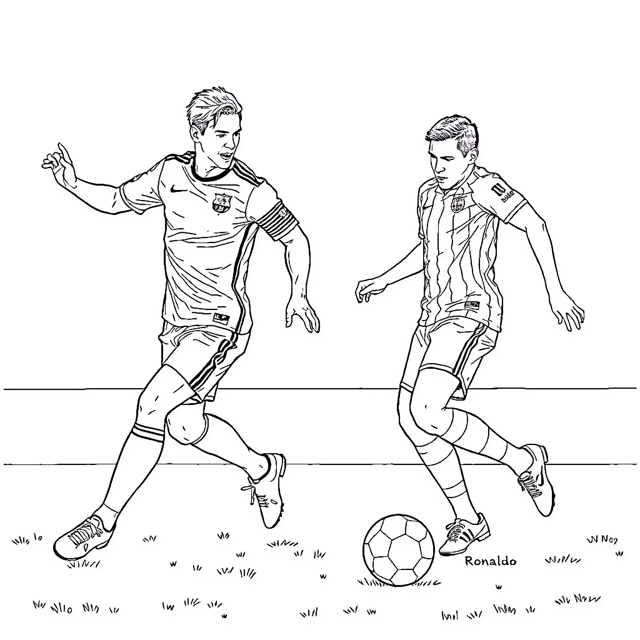 Football Players Competing on the Field Coloring Page (free black-and-white line drawing printable PDF for all, from beginners to advanced learners, including children, teens, adults, and seniors)