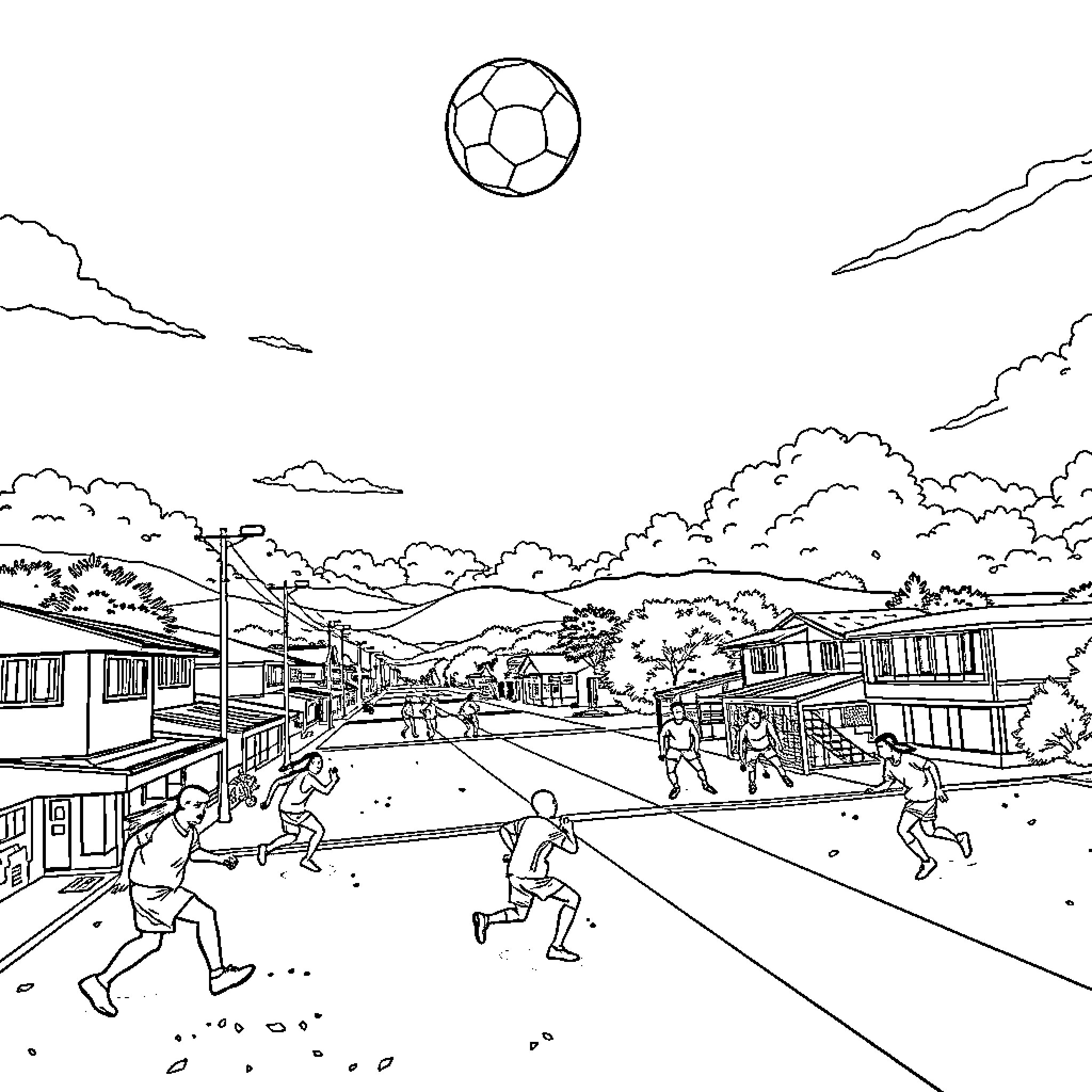 Football players competing in a neighborhood game Coloring Page (free black-and-white line drawing printable PDF for all, from beginners to advanced learners, including children, teens, adults, and seniors)