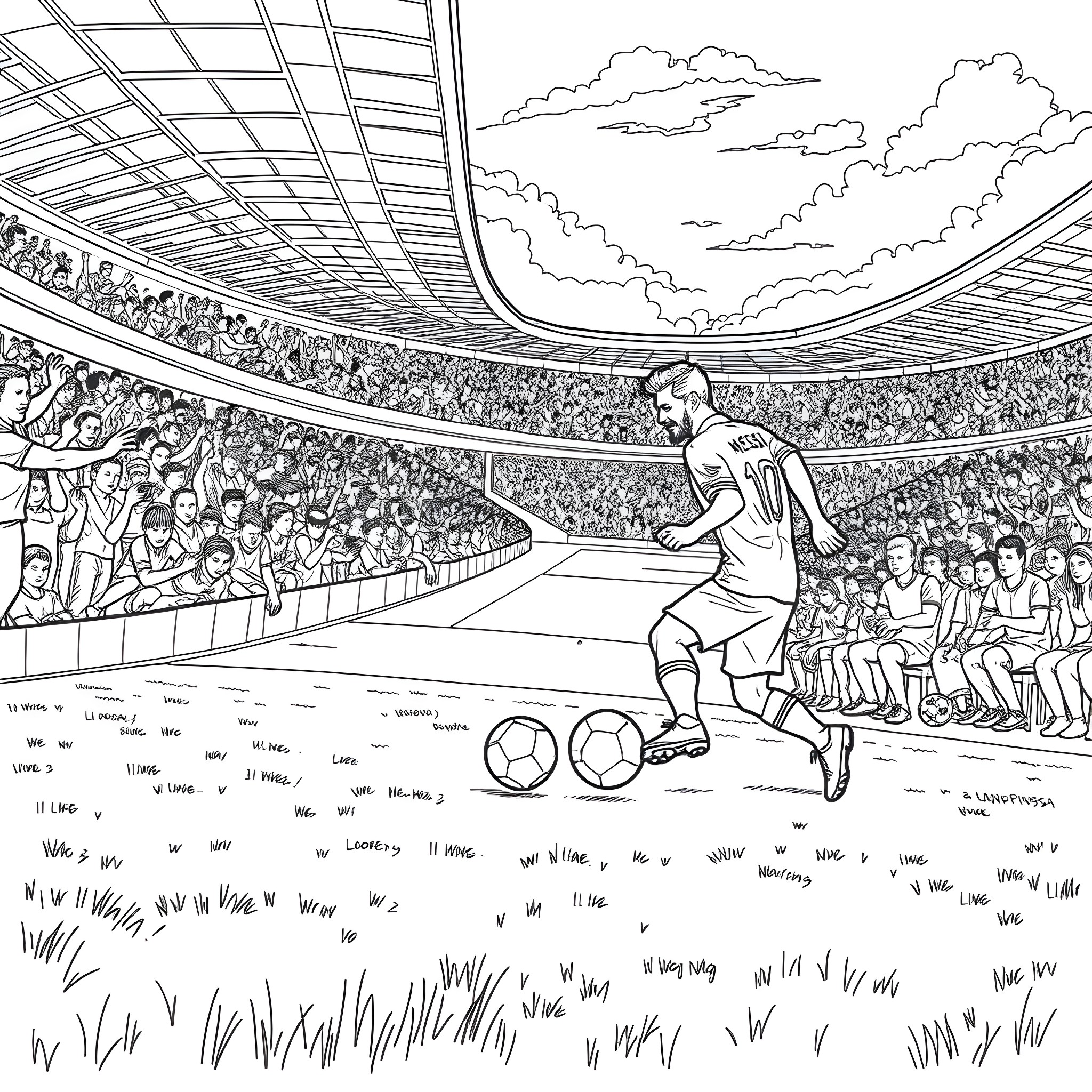Messi's Captivating Performance in the Packed Stadium Coloring Page (free black-and-white line drawing printable PDF for all, from beginners to advanced learners, including children, teens, adults, and seniors)