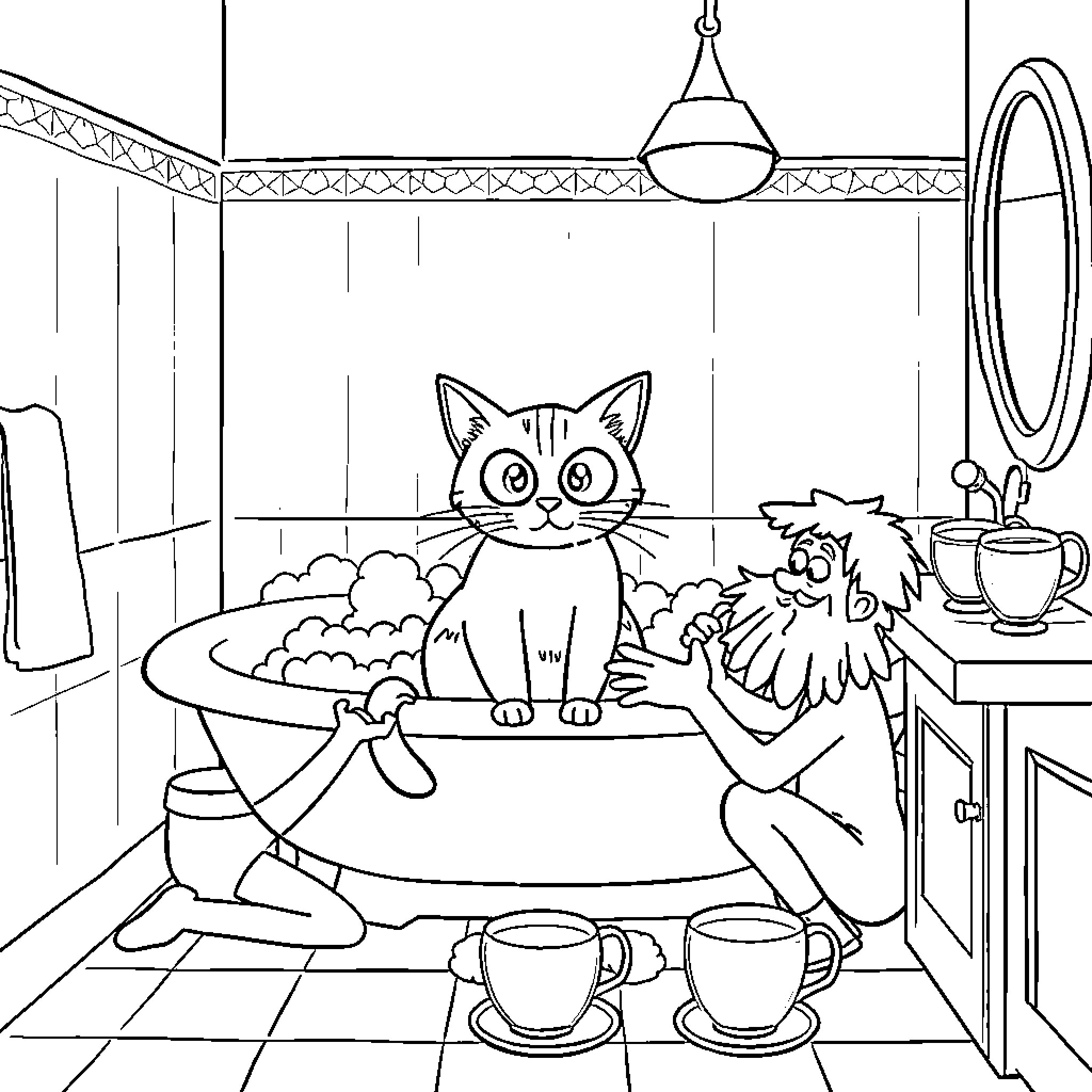 Cat relaxing in the bathtub with a friend Coloring Page (free black-and-white line drawing printable PDF for all, from beginners to advanced learners, including children, teens, adults, and seniors)