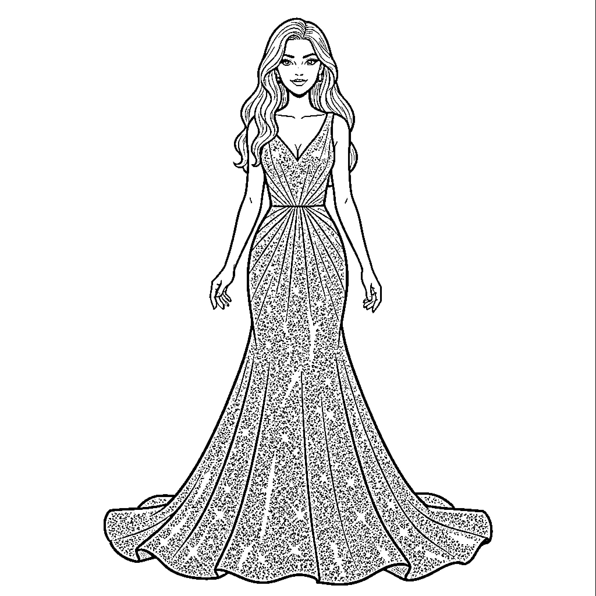 Female in Elegant Sparkly Gown Coloring Page (free black-and-white line drawing printable PDF for all, from beginners to advanced learners, including children, teens, adults, and seniors)