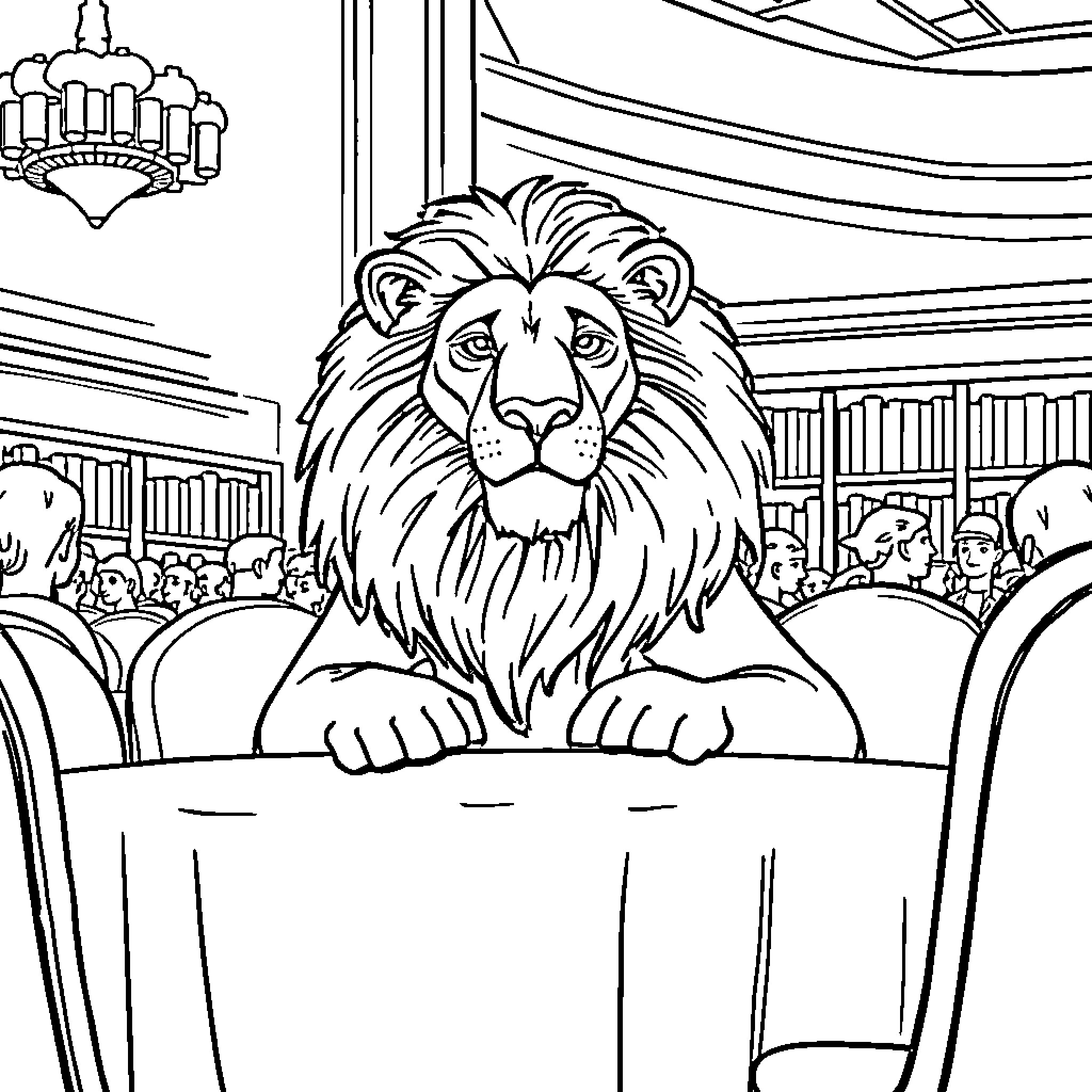 Lion observing the audience in the auditorium Coloring Page (free black-and-white line drawing printable PDF for all, from beginners to advanced learners, including children, teens, adults, and seniors)