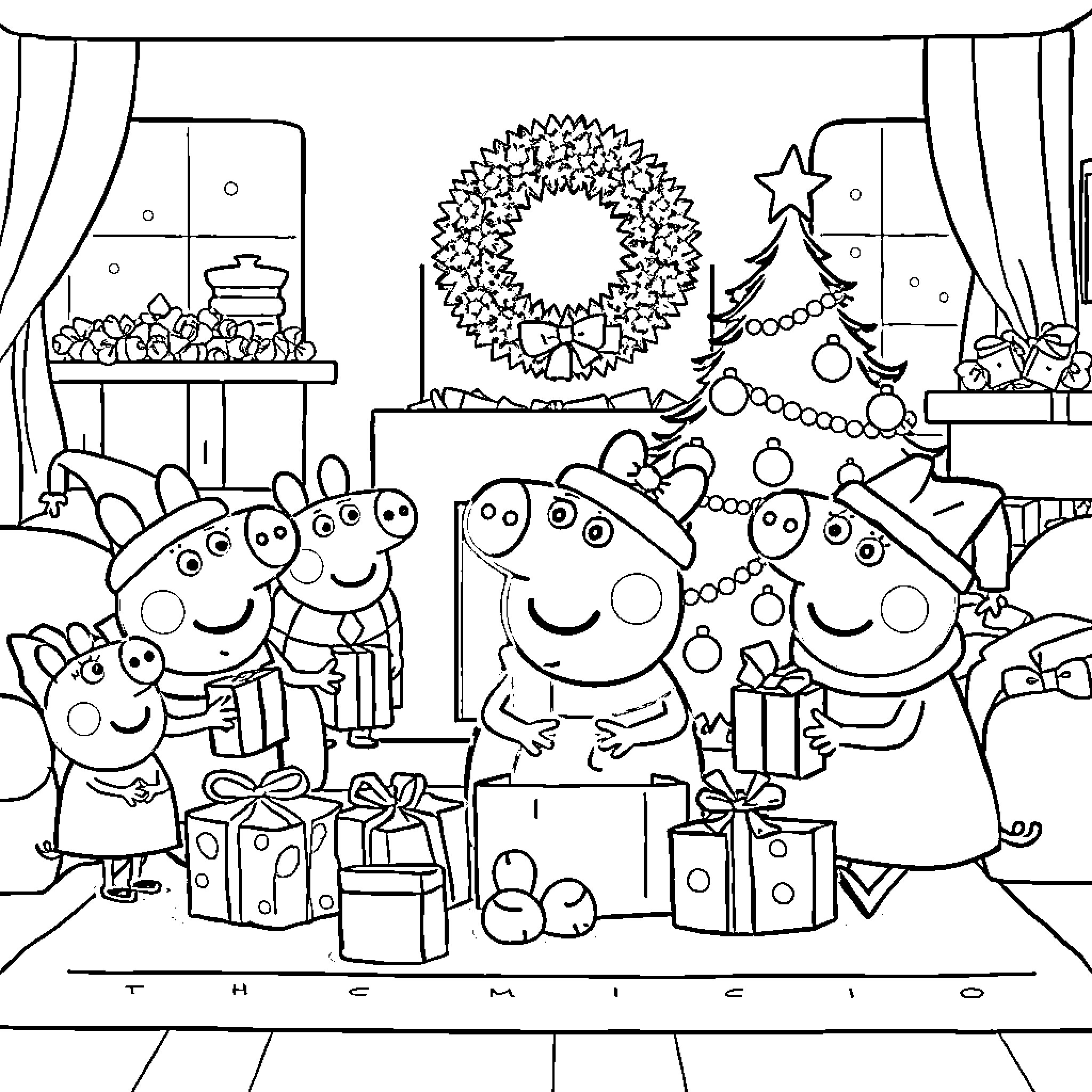 Peppa Pig family celebrates Christmas together Coloring Page (free black-and-white line drawing printable PDF for all, from beginners to advanced learners, including children, teens, adults, and seniors)