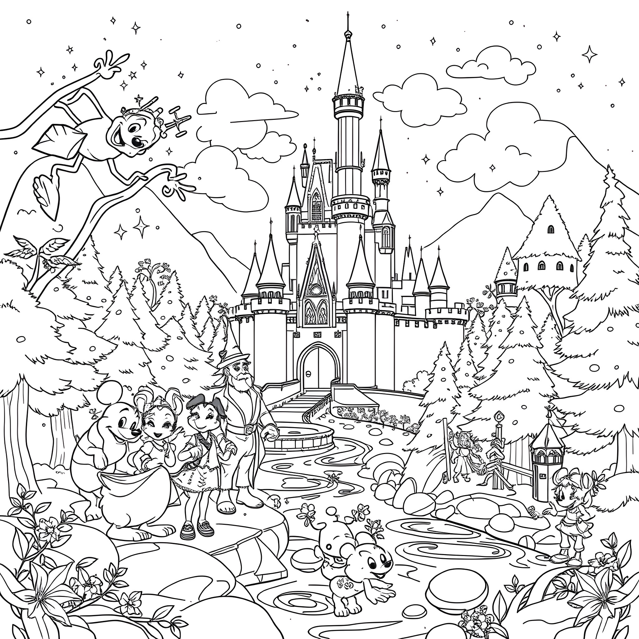 Disney Characters Exploring Enchanted Castle Landscape Coloring Page (free black-and-white line drawing printable PDF for all, from beginners to advanced learners, including children, teens, adults, and seniors)