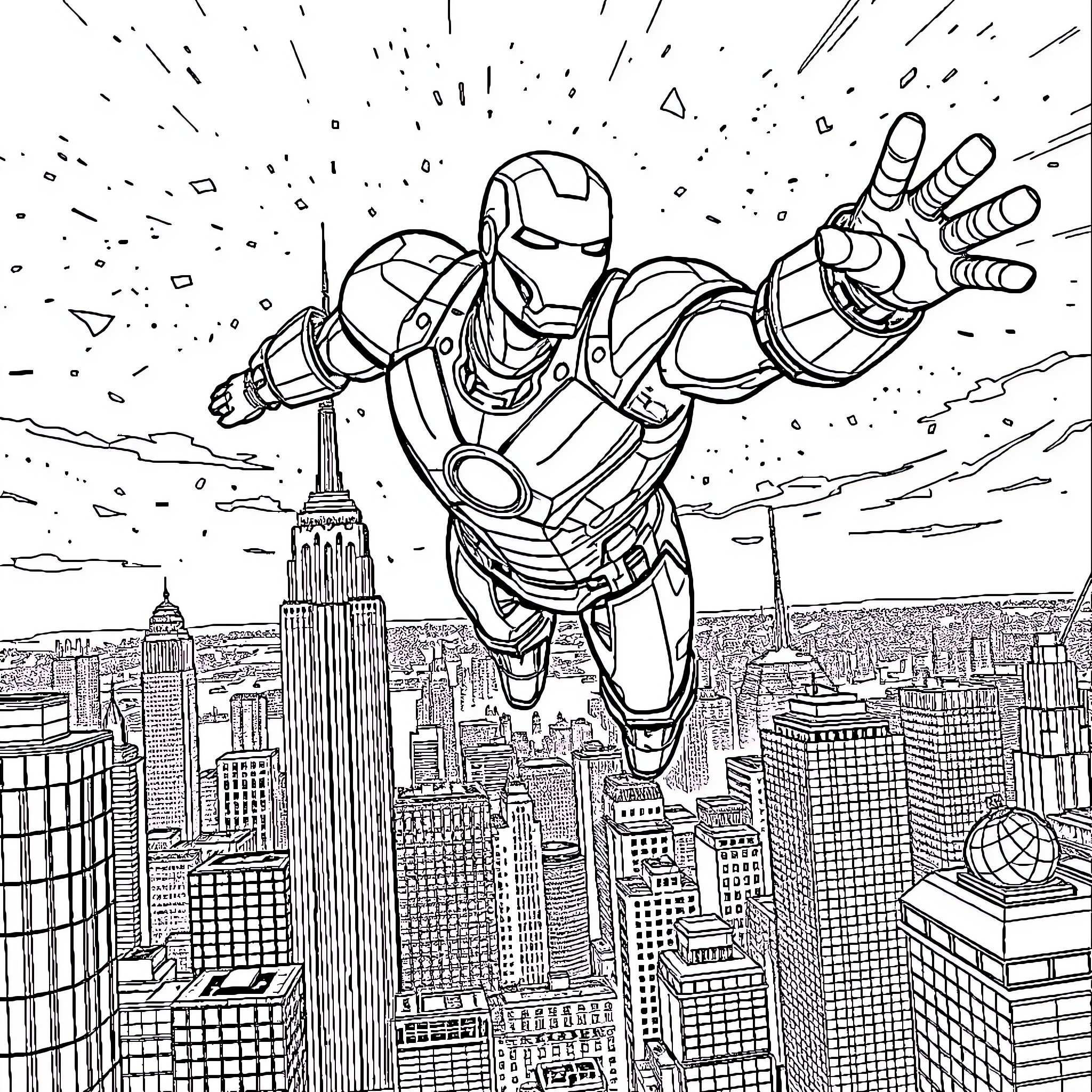 Iron Man soaring through the sky above a city Coloring Page (free black-and-white line drawing printable PDF for all, from beginners to advanced learners, including children, teens, adults, and seniors)