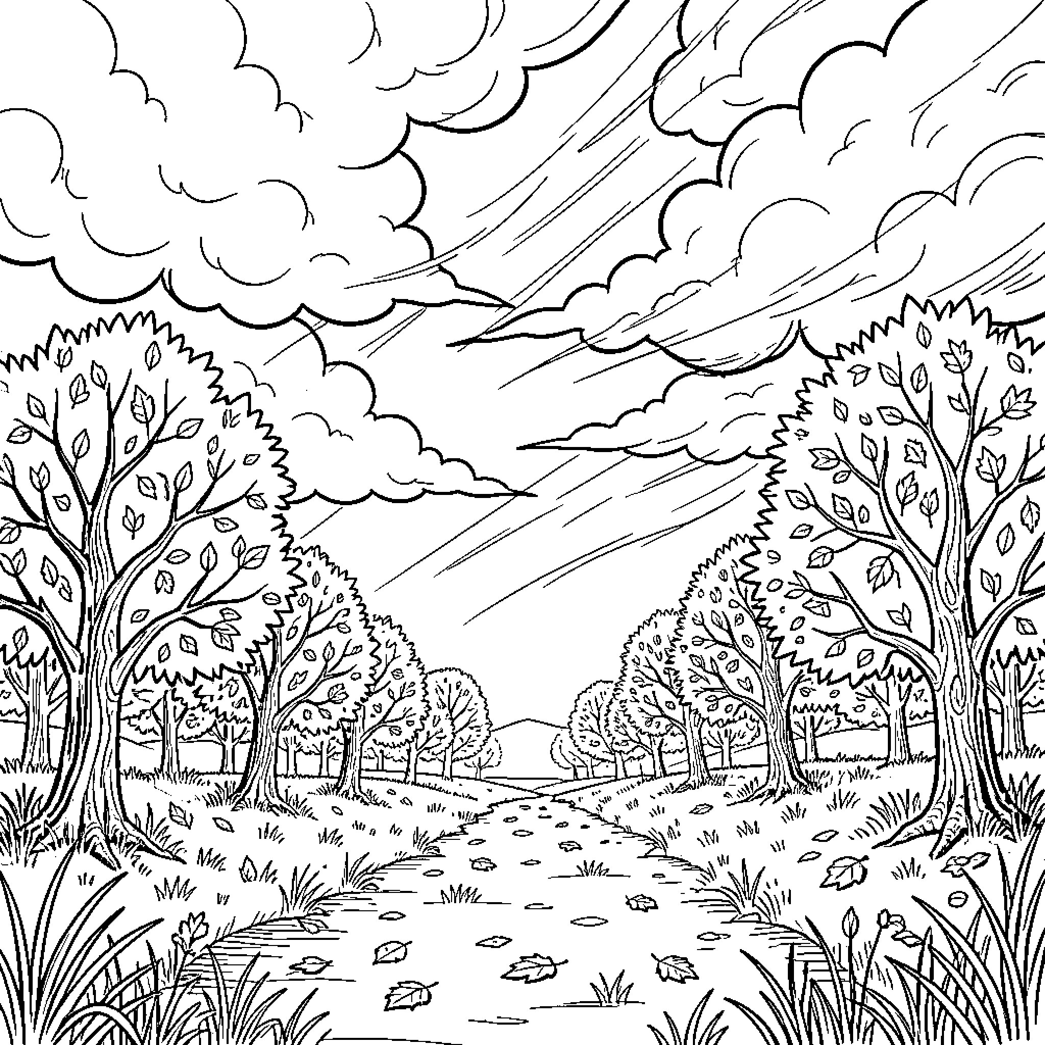 Autumn leaves falling in a peaceful woodland landscape Coloring Page (free black-and-white line drawing printable PDF for all, from beginners to advanced learners, including children, teens, adults, and seniors)