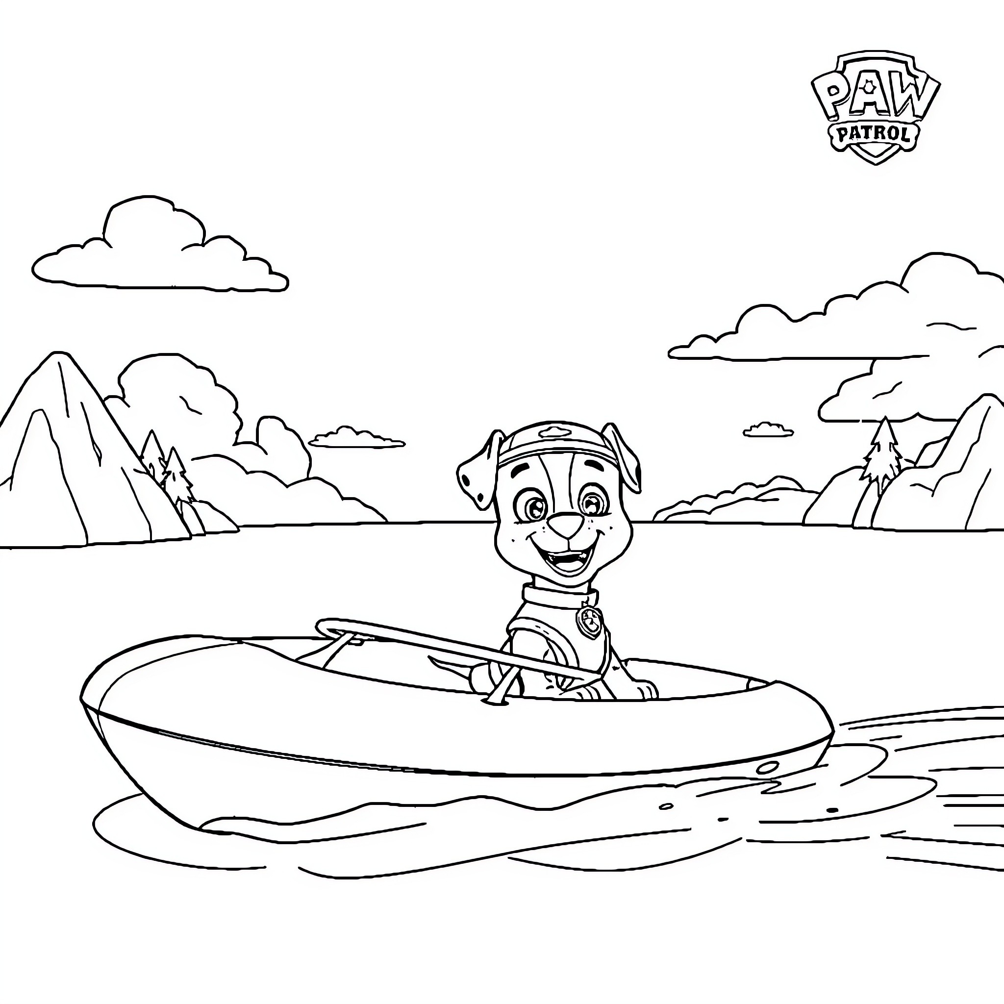 Marshall navigating on a boat in the wilderness Coloring Page (free black-and-white line drawing printable PDF for all, from beginners to advanced learners, including children, teens, adults, and seniors)
