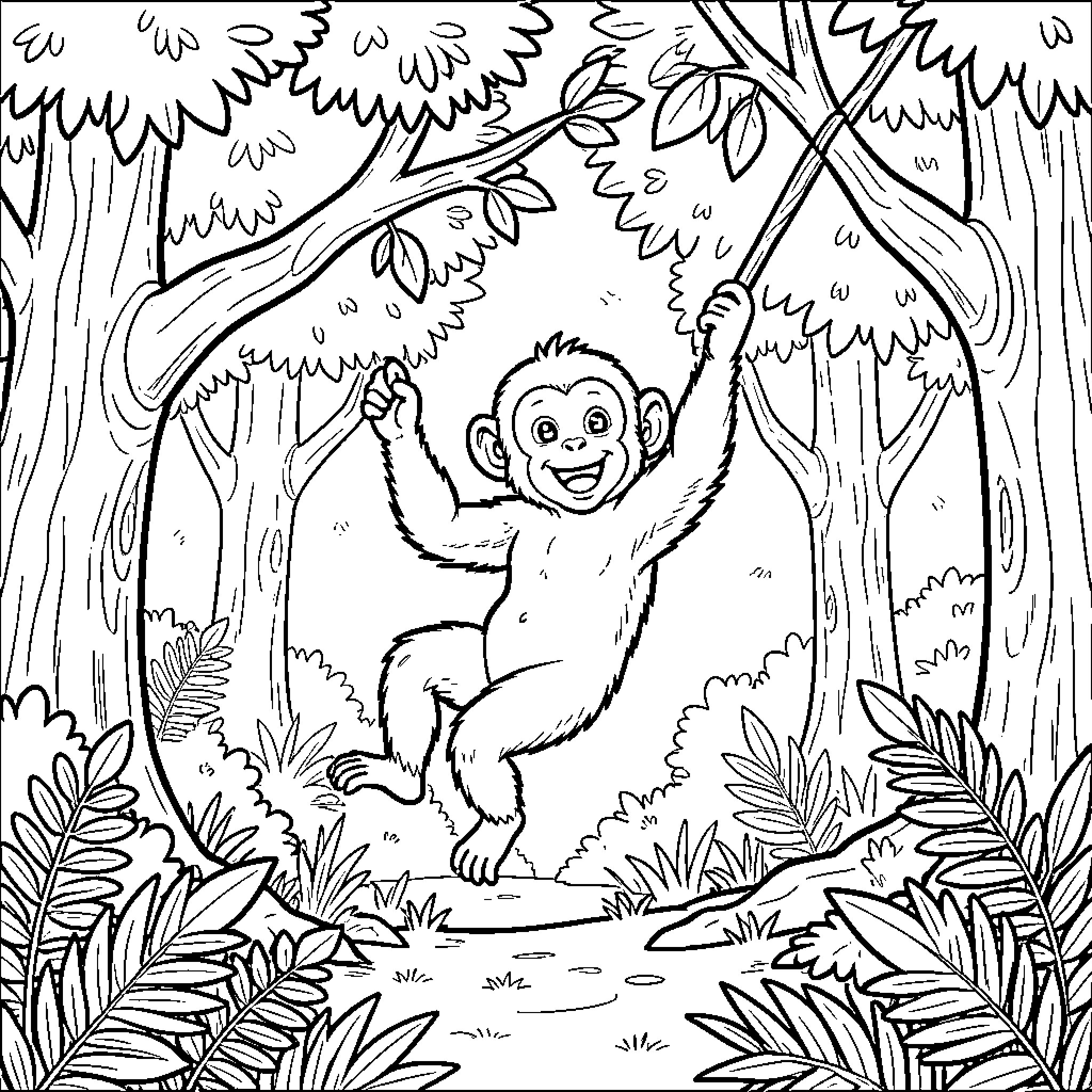 Monkey swinging joyfully in the jungle Coloring Page (free black-and-white line drawing printable PDF for all, from beginners to advanced learners, including children, teens, adults, and seniors)