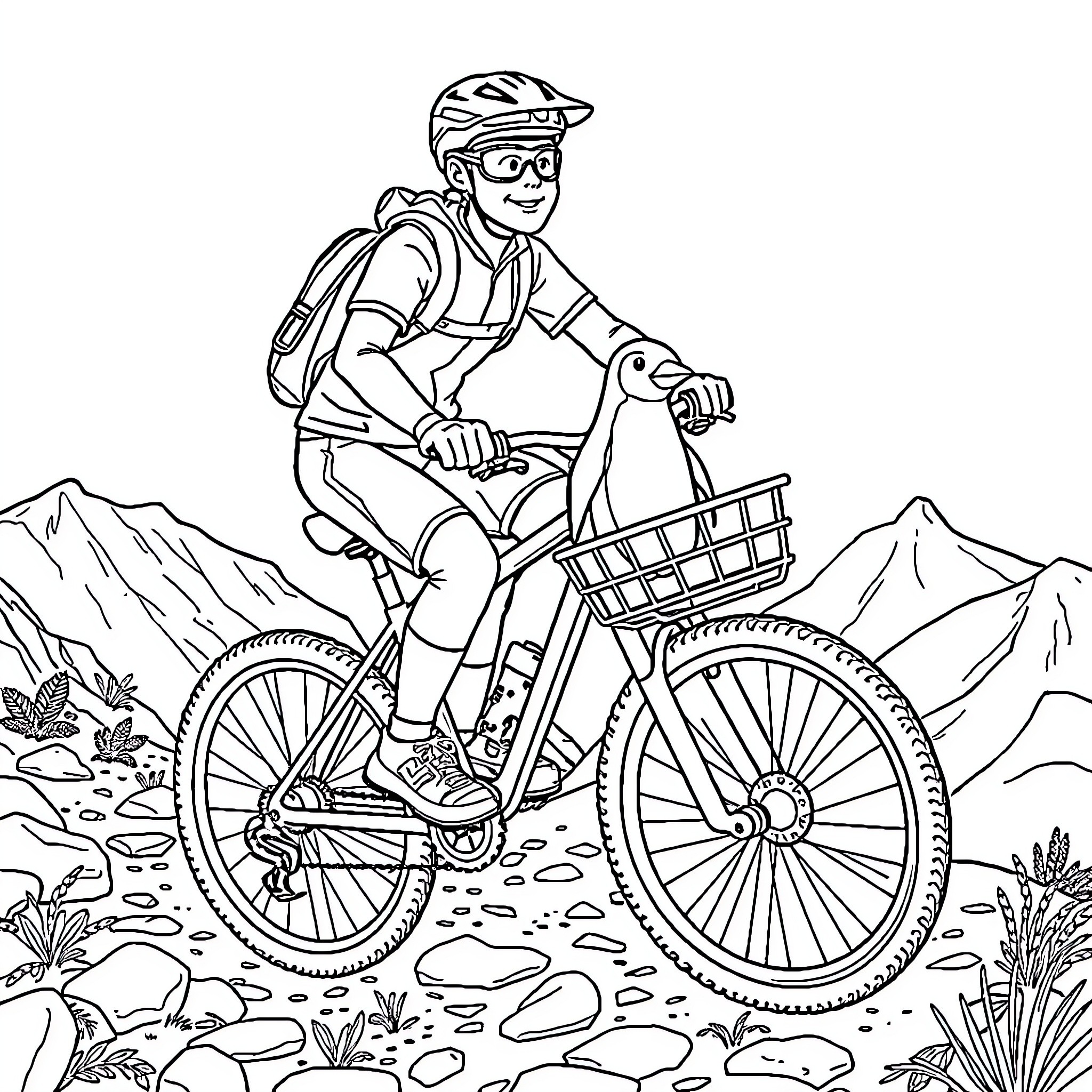 Mountain Biker Riding Through Scenic Landscape Coloring Page (free black-and-white line drawing printable PDF for all, from beginners to advanced learners, including children, teens, adults, and seniors)