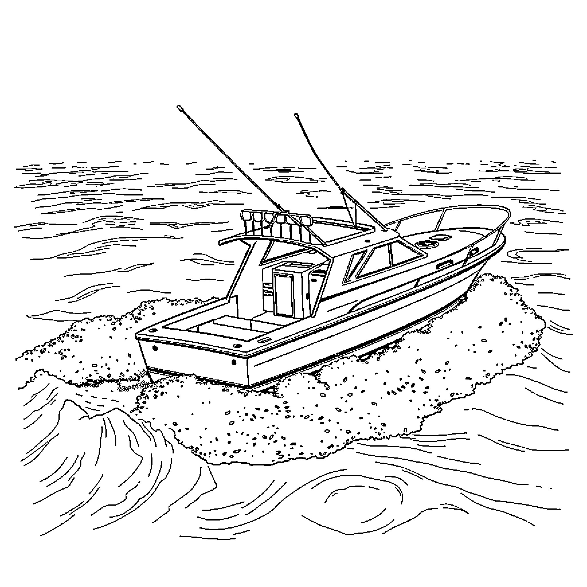 Boat traveling through waves on the open sea Coloring Page (free black-and-white line drawing printable PDF for all, from beginners to advanced learners, including children, teens, adults, and seniors)