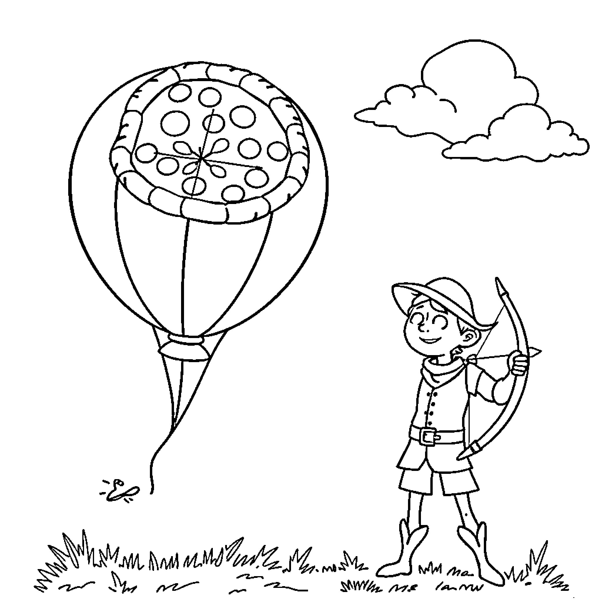 Pizza-shaped hot air balloon and cheerful explorer Coloring Page (free black-and-white line drawing printable PDF for all, from beginners to advanced learners, including children, teens, adults, and seniors)