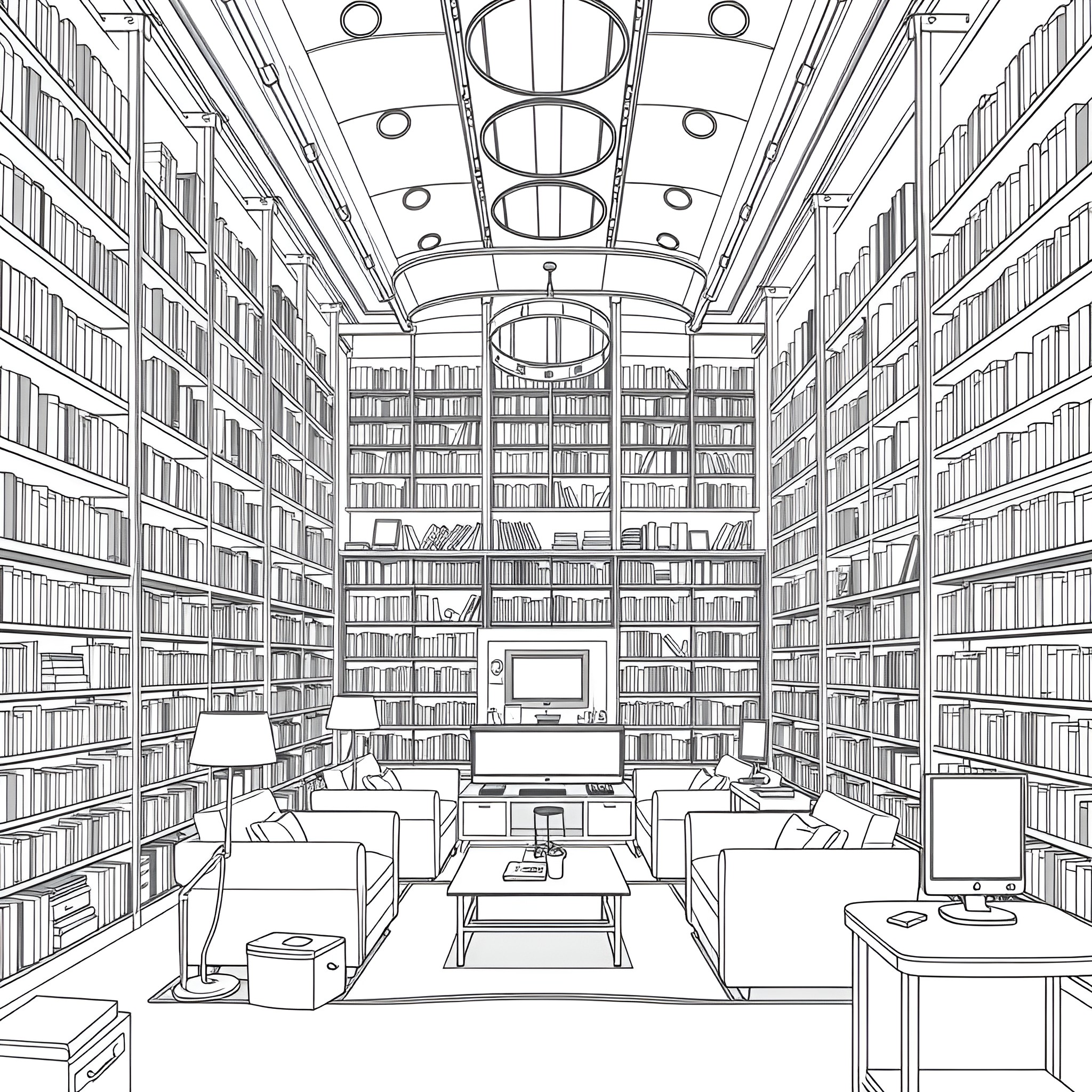 Library filled with books and reading spaces Coloring Page (free black-and-white line drawing printable PDF for all, from beginners to advanced learners, including children, teens, adults, and seniors)