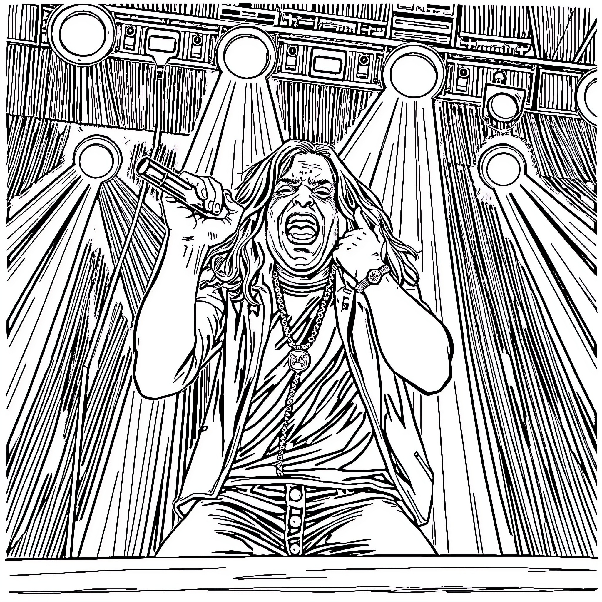 Ozzy Osbourne Performing on Stage with Passion Coloring Page (free black-and-white line drawing printable PDF for all, from beginners to advanced learners, including children, teens, adults, and seniors)