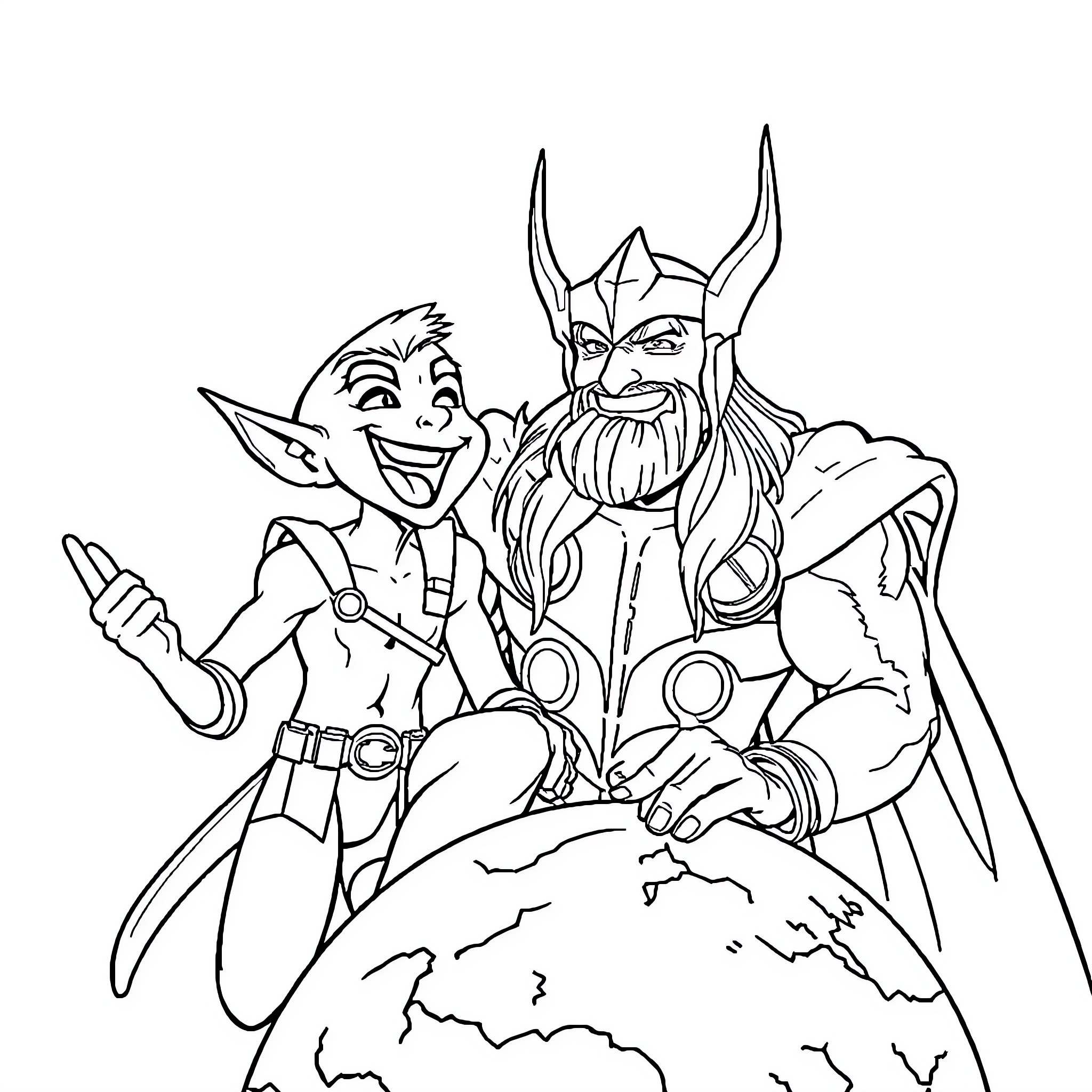 Goblin and Viking Warrior Celebrating on Earth Coloring Page (free black-and-white line drawing printable PDF for all, from beginners to advanced learners, including children, teens, adults, and seniors)