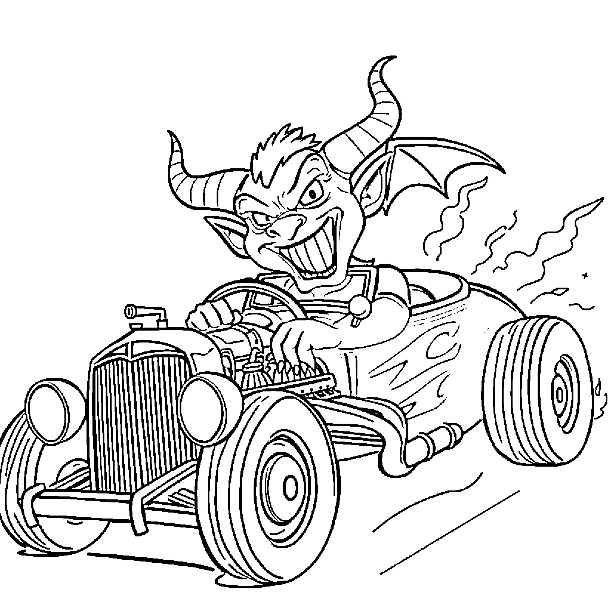 Devil Driving a Monstrous Hot Rod Coloring Page (free black-and-white line drawing printable PDF for all, from beginners to advanced learners, including children, teens, adults, and seniors)