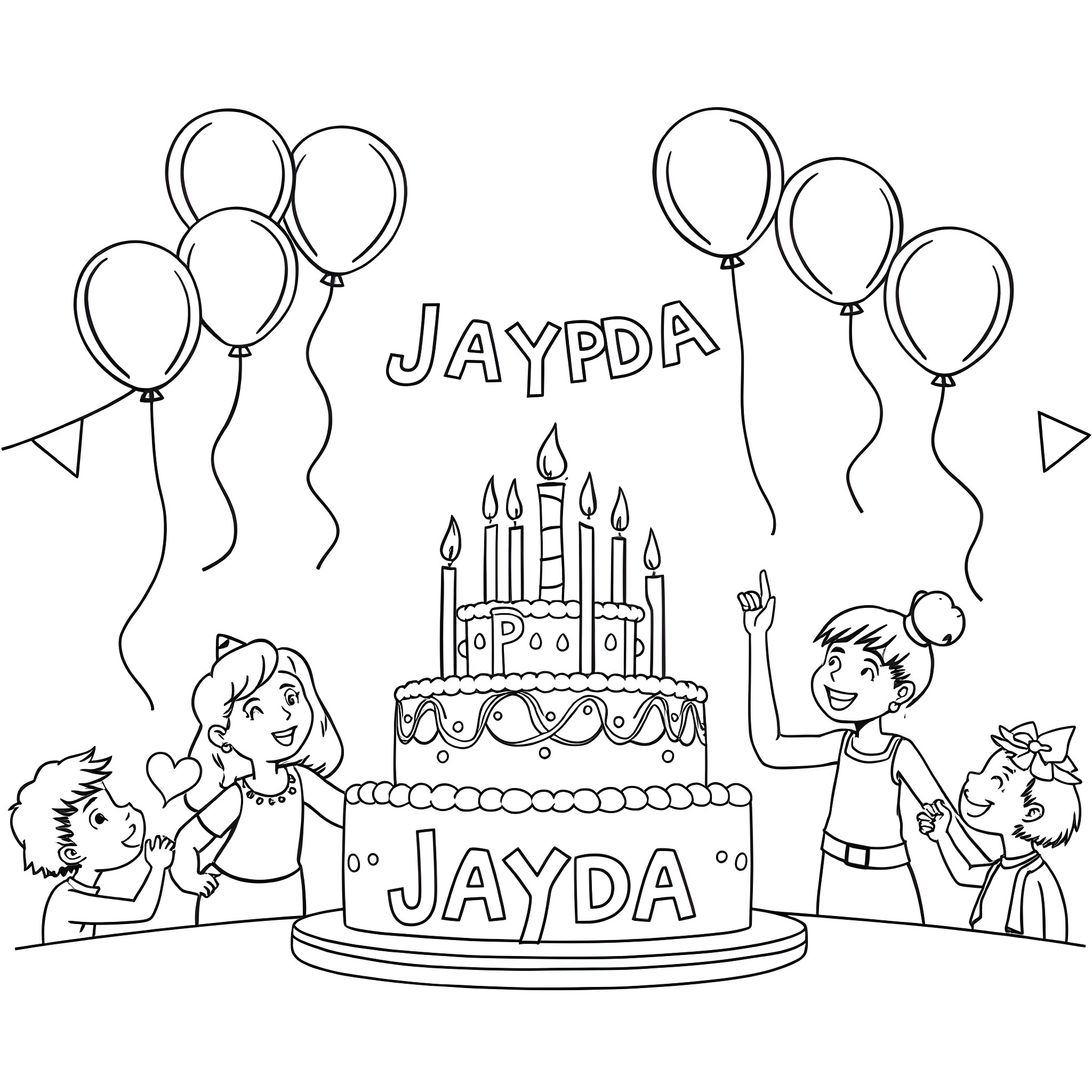 Birthday celebration with cake and balloons Coloring Page (free black-and-white line drawing printable PDF for all, from beginners to advanced learners, including children, teens, adults, and seniors)