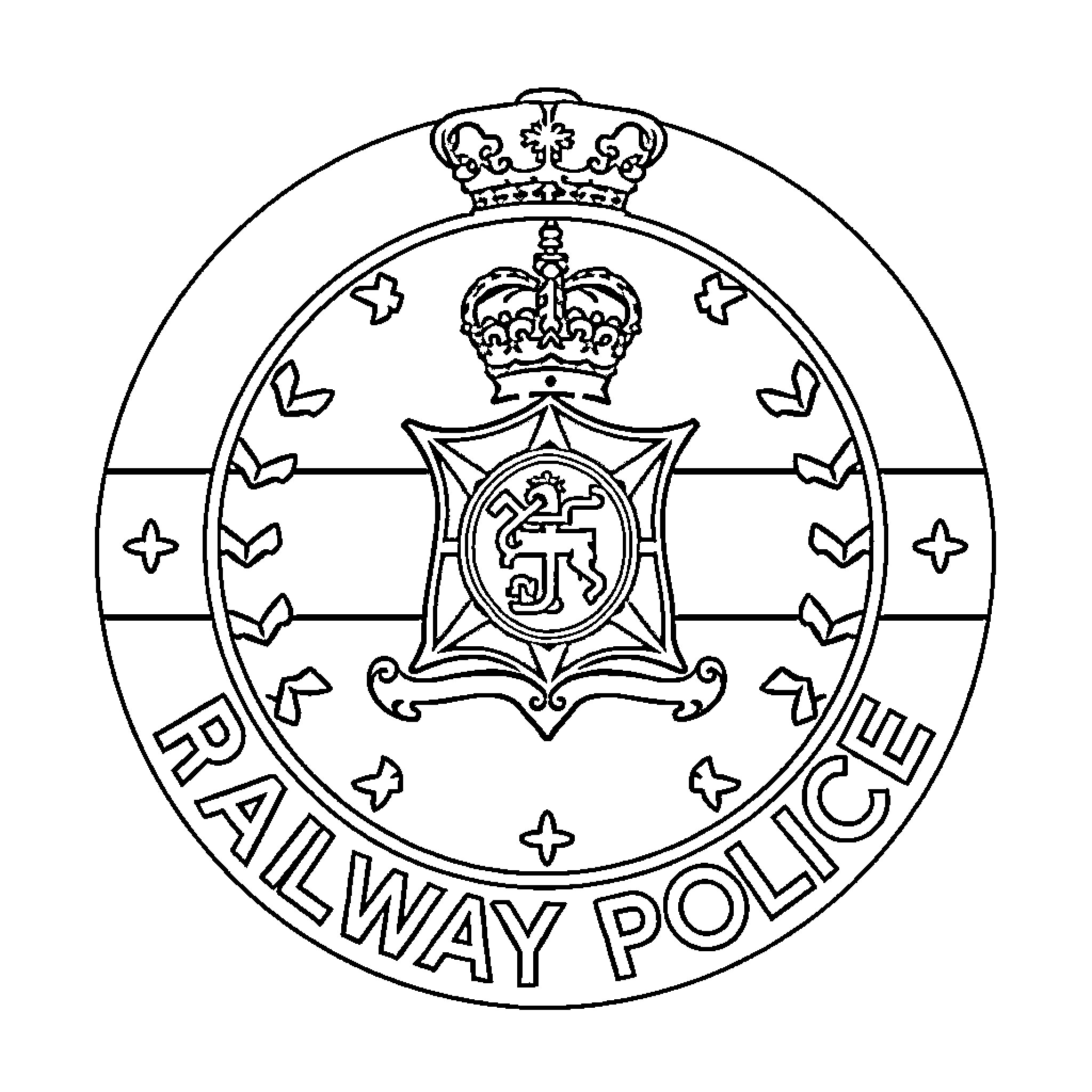 Logo of ceremonial insignia for Railway Police Coloring Page (free black-and-white line drawing printable PDF for all, from beginners to advanced learners, including children, teens, adults, and seniors)