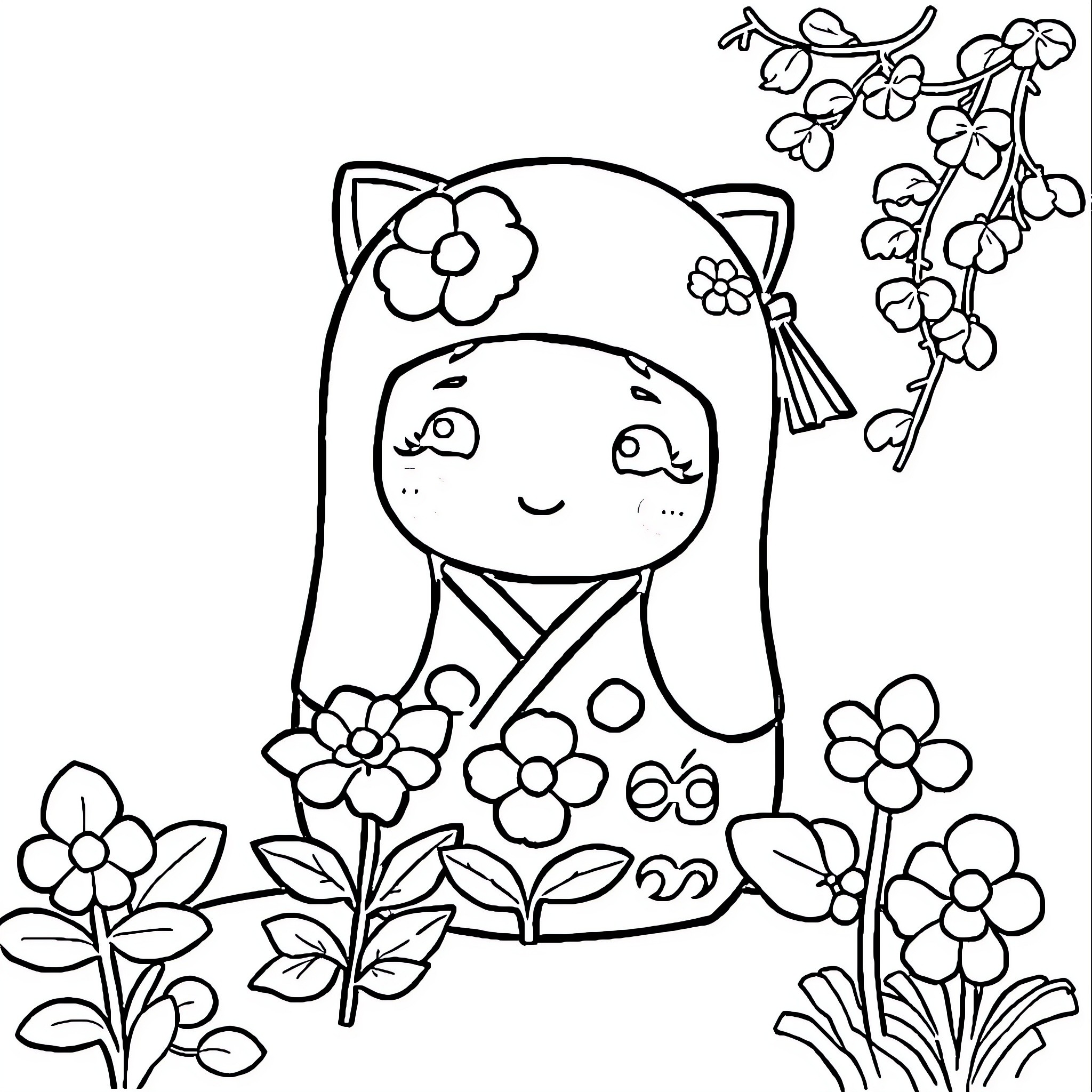 Smiski Enjoying Floral Garden Coloring Page (free black-and-white line drawing printable PDF for all, from beginners to advanced learners, including children, teens, adults, and seniors)