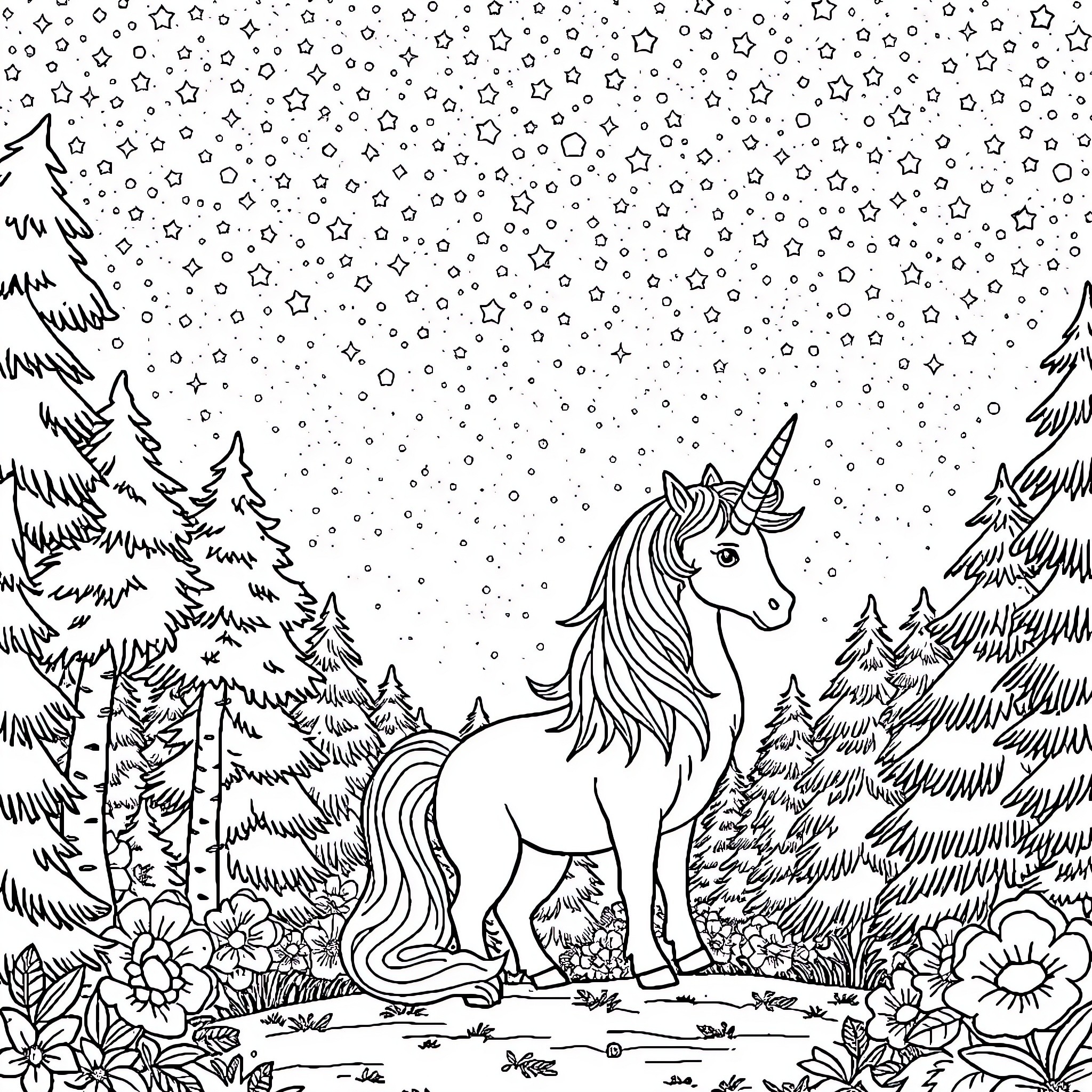 Unicorn standing in a magical forest landscape Coloring Page (free black-and-white line drawing printable PDF for all, from beginners to advanced learners, including children, teens, adults, and seniors)