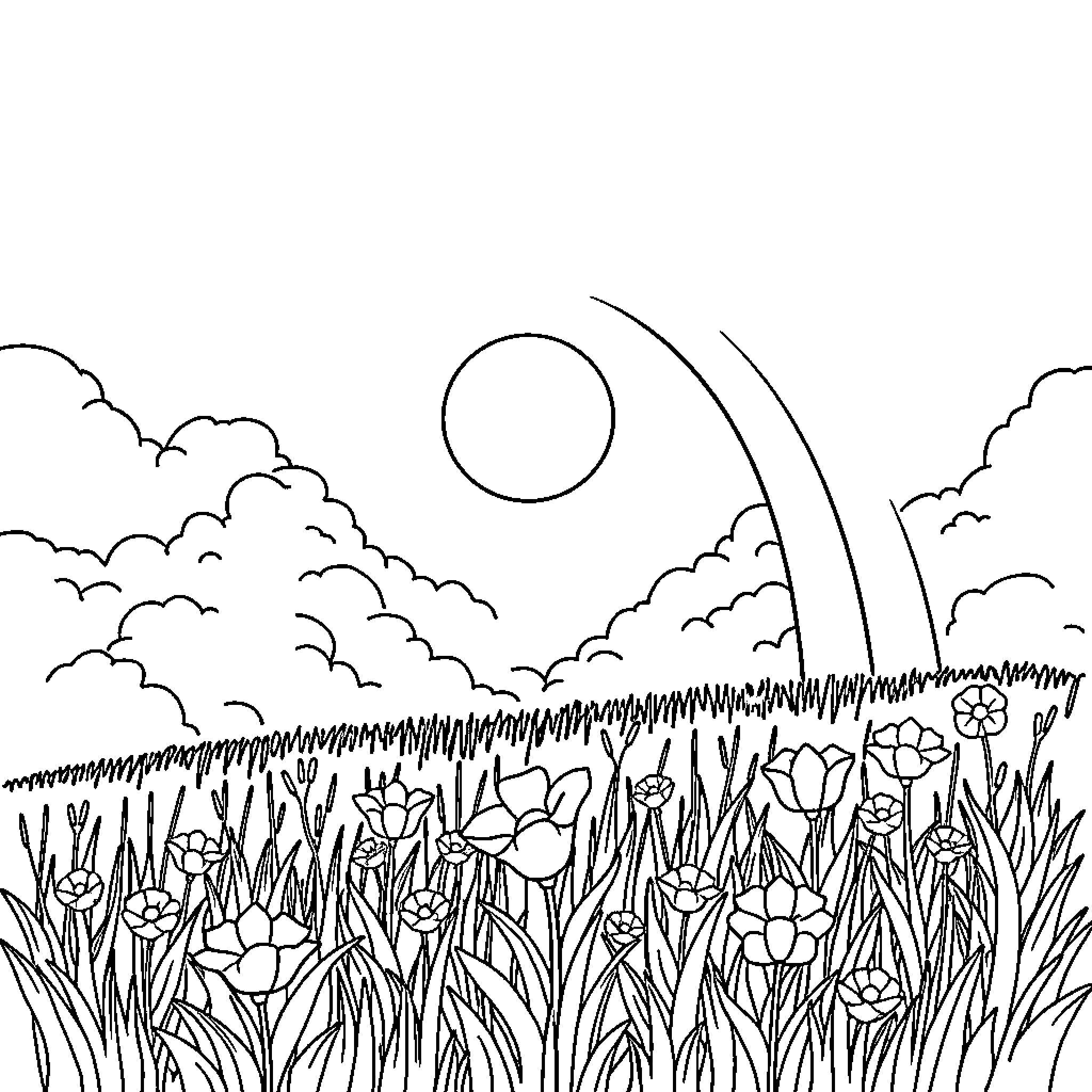 Rainbow-filled meadow with blooming flowers Coloring Page (free black-and-white line drawing printable PDF for all, from beginners to advanced learners, including children, teens, adults, and seniors)