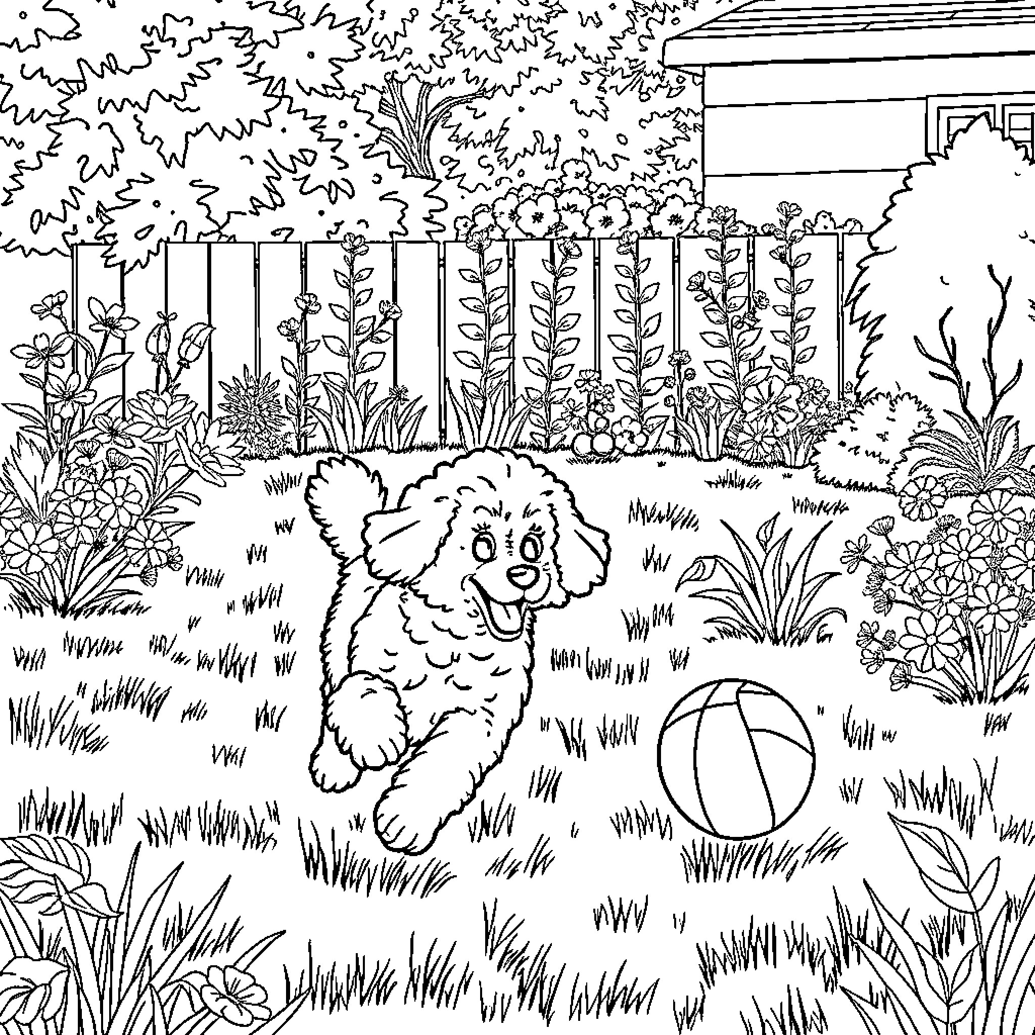 Poodle playing cheerfully in a lush garden Coloring Page (free black-and-white line drawing printable PDF for all, from beginners to advanced learners, including children, teens, adults, and seniors)