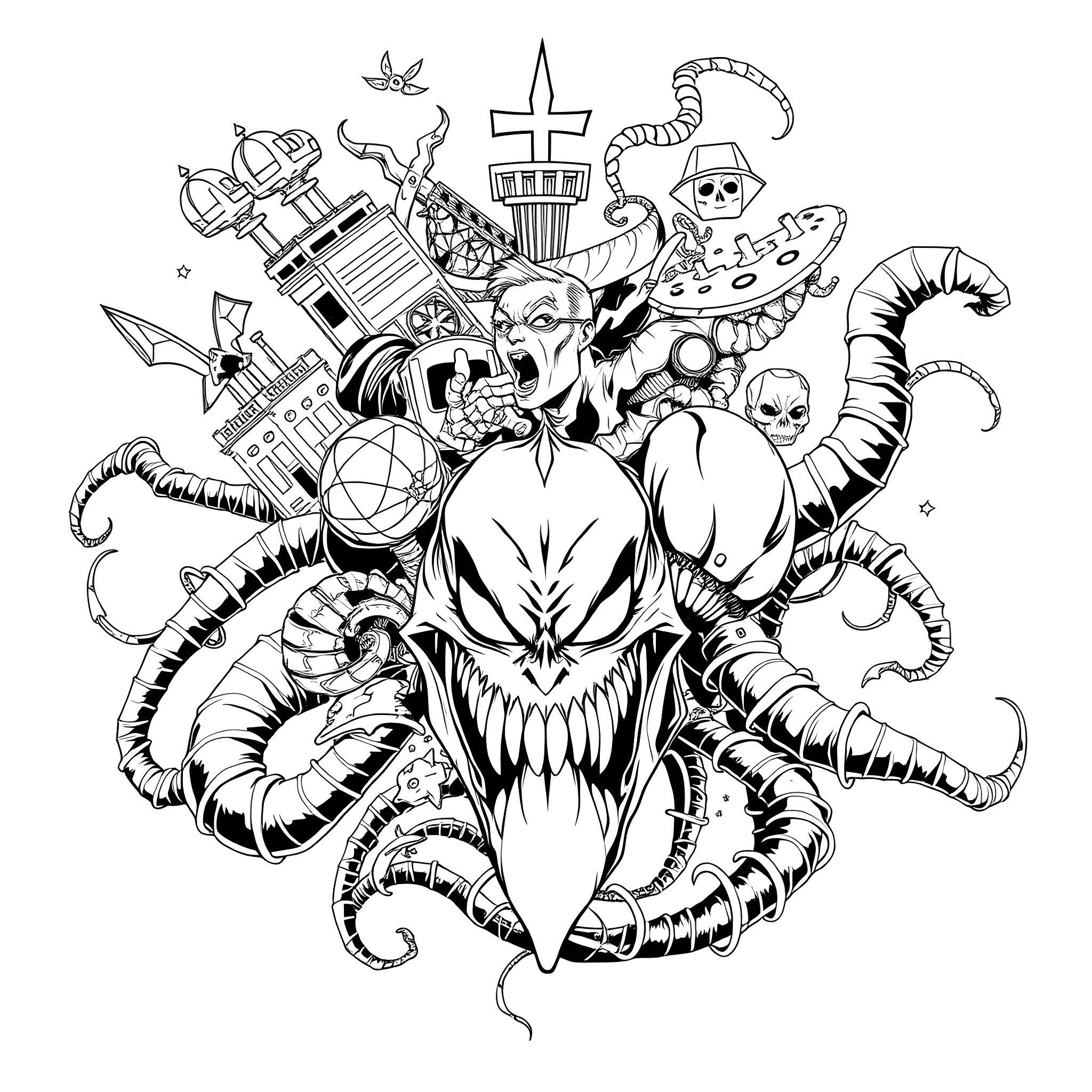 Bizarnage of Dark Carnival Mayhem Coloring Page (free black-and-white line drawing printable PDF for all, from beginners to advanced learners, including children, teens, adults, and seniors)